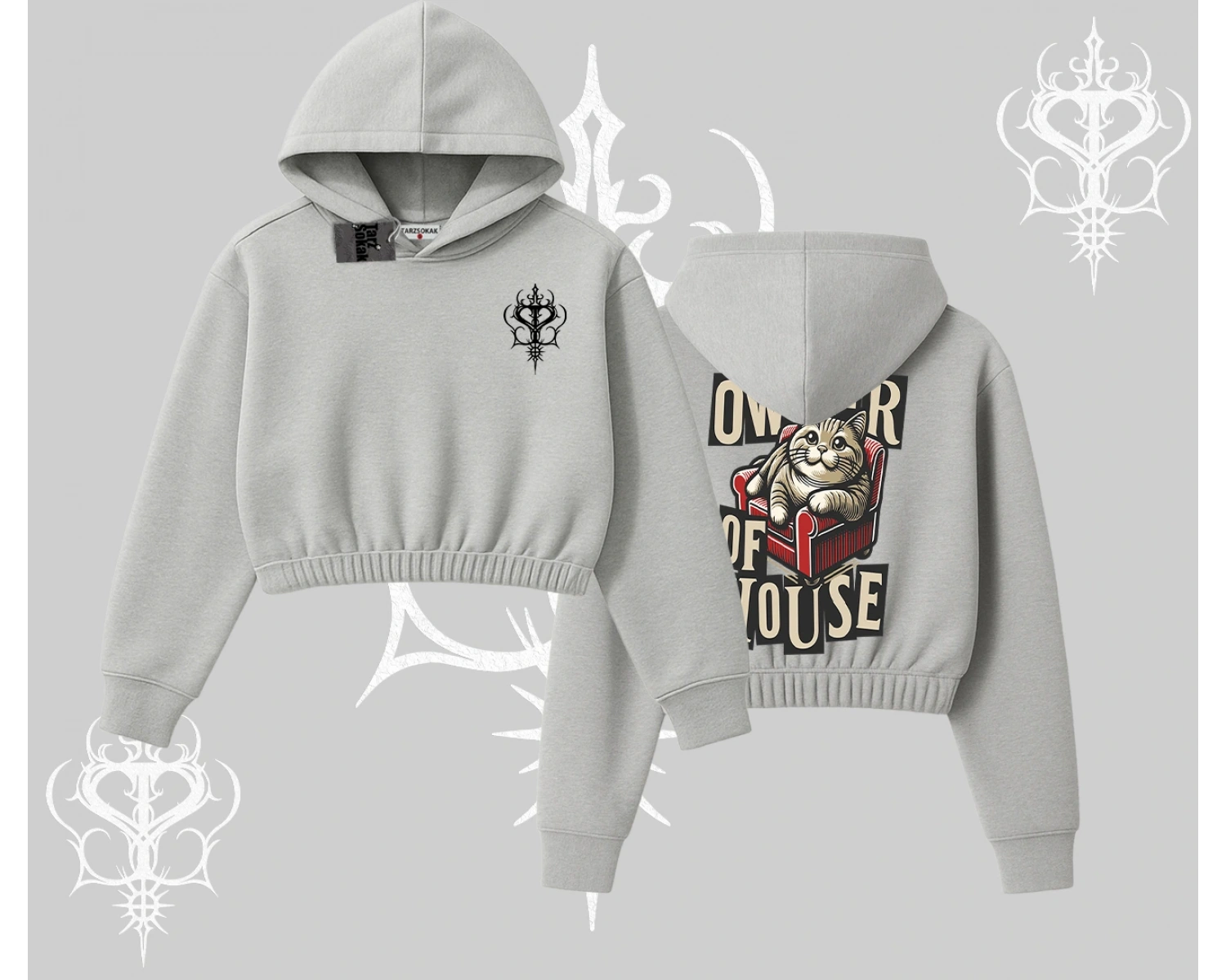 The Owner of House Kedi Arka Baskılı Kapşonlu Crop Sweatshirt