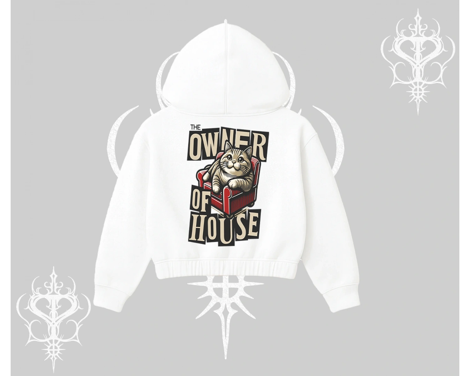 The Owner of House Kedi Arka Baskılı Kapşonlu Crop Sweatshirt