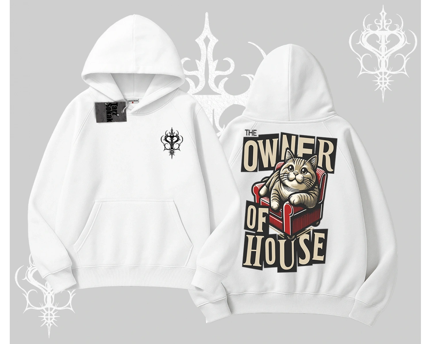 The Owner of House Kedi Arka Baskılı Kapşonlu Sweatshirt