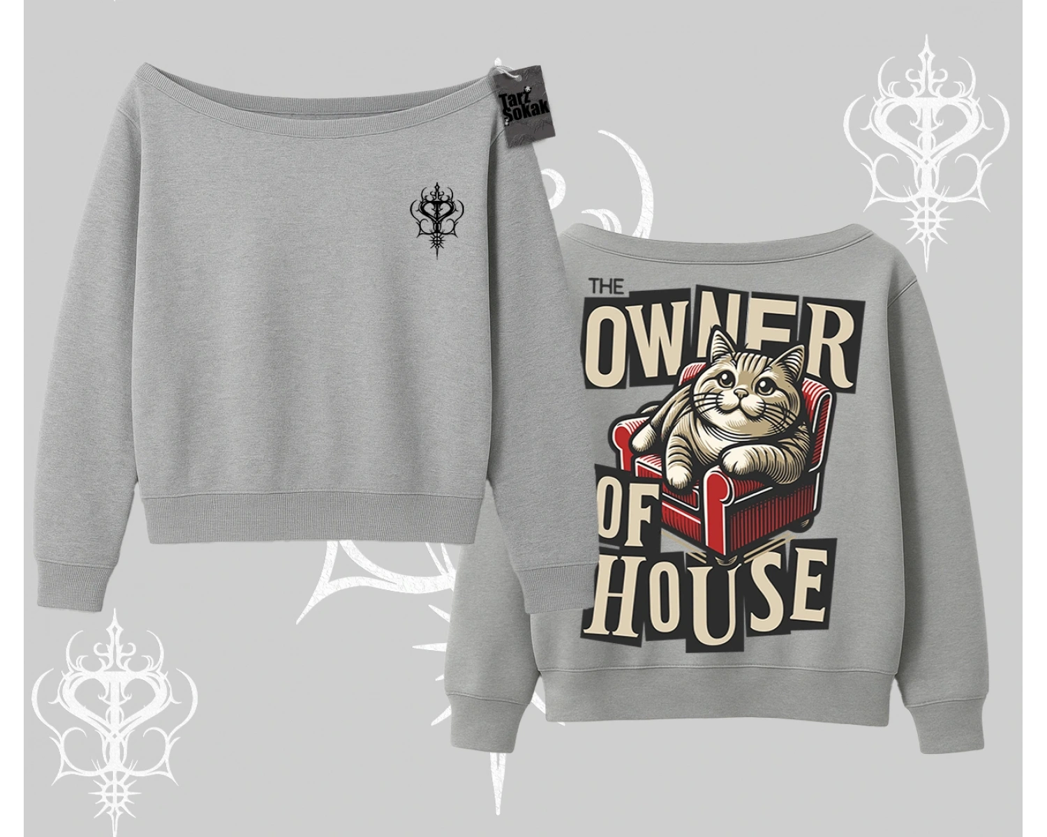 The Owner of House Kedi Arka Baskılı Kayık Yaka Sweatshirt