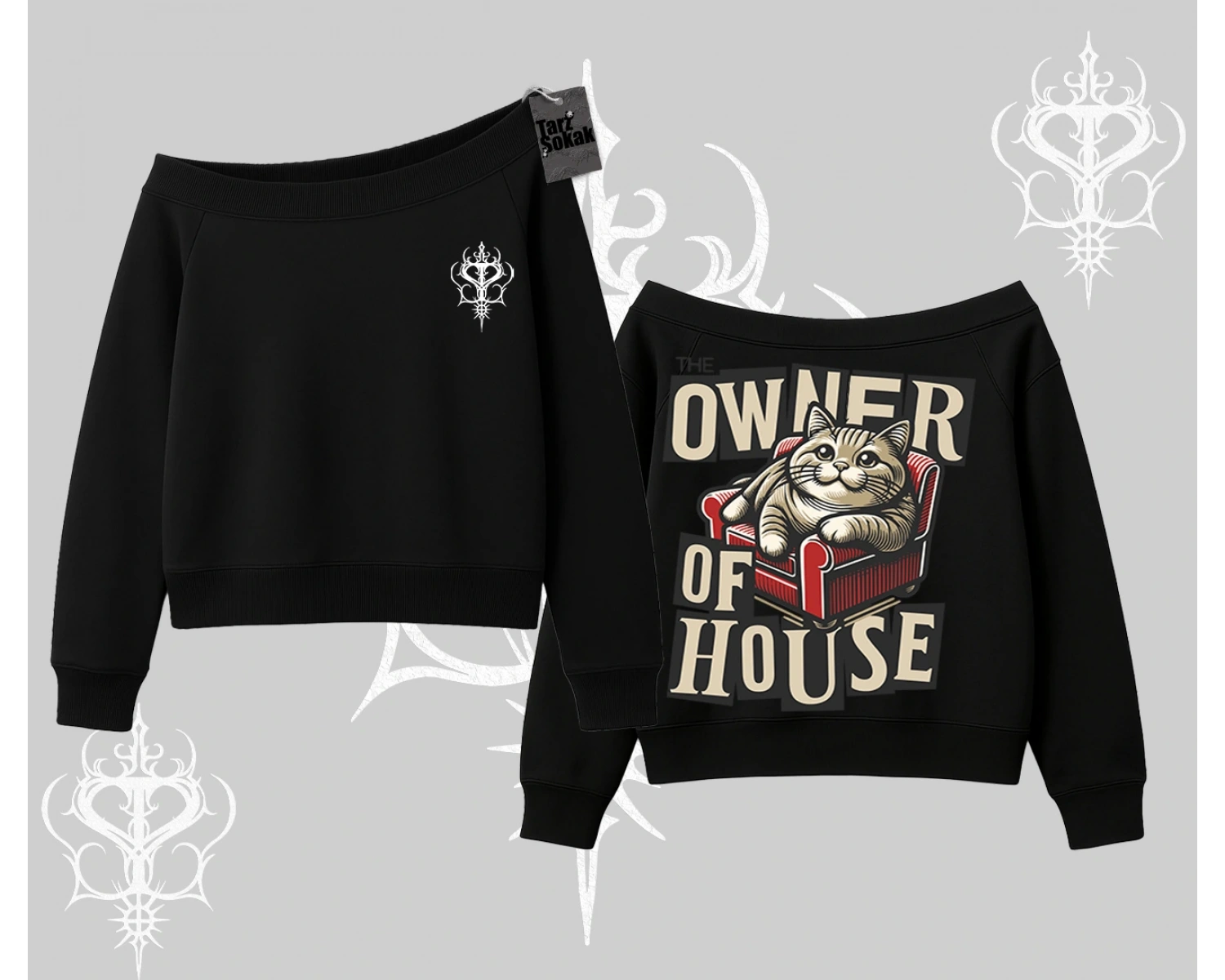The Owner of House Kedi Arka Baskılı Kayık Yaka Sweatshirt
