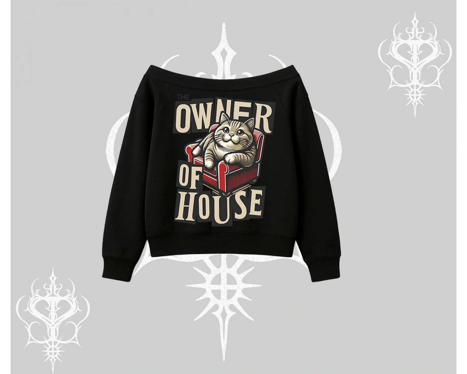 The Owner of House Kedi Arka Baskılı Kayık Yaka Sweatshirt
