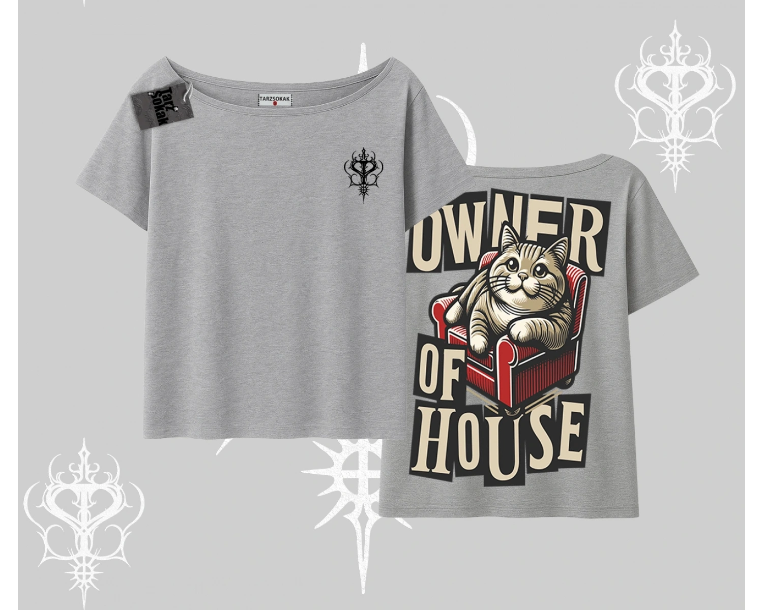 The Owner of House Kedi Arka Baskılı Kayık Yaka Tshirt