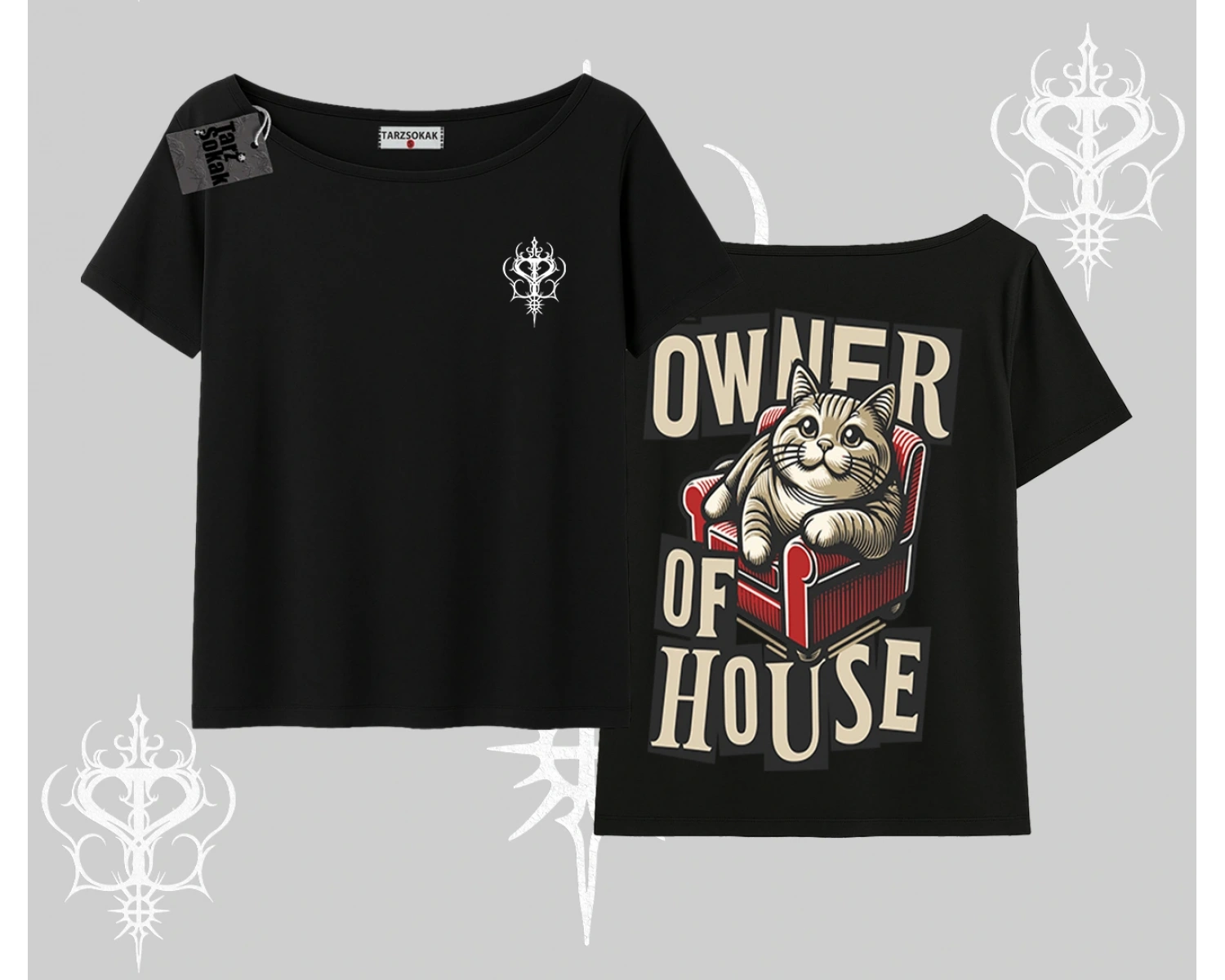 The Owner of House Kedi Arka Baskılı Kayık Yaka Tshirt