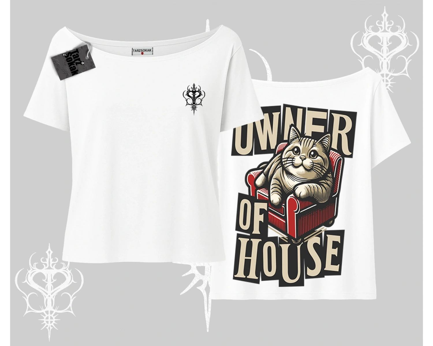 The Owner of House Kedi Arka Baskılı Kayık Yaka Tshirt