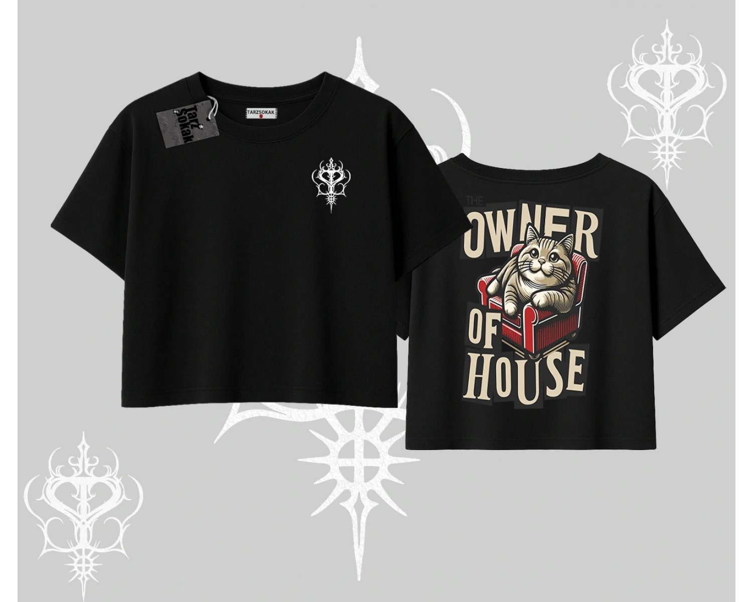 The Owner of House Kedi Arka Baskılı Oversize Crop Tshirt