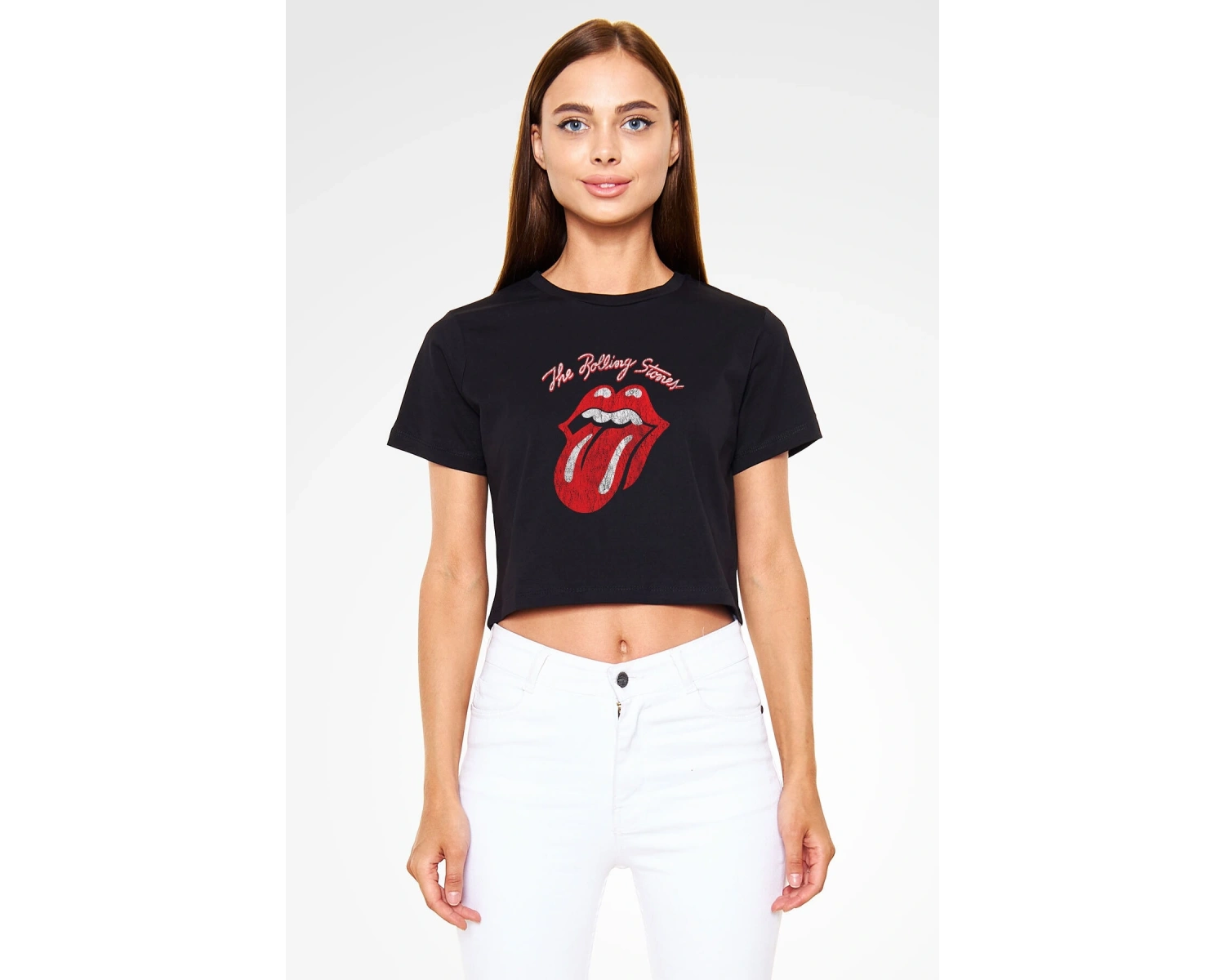The Rolling Stones Logo Siyah Crop Top Tişört