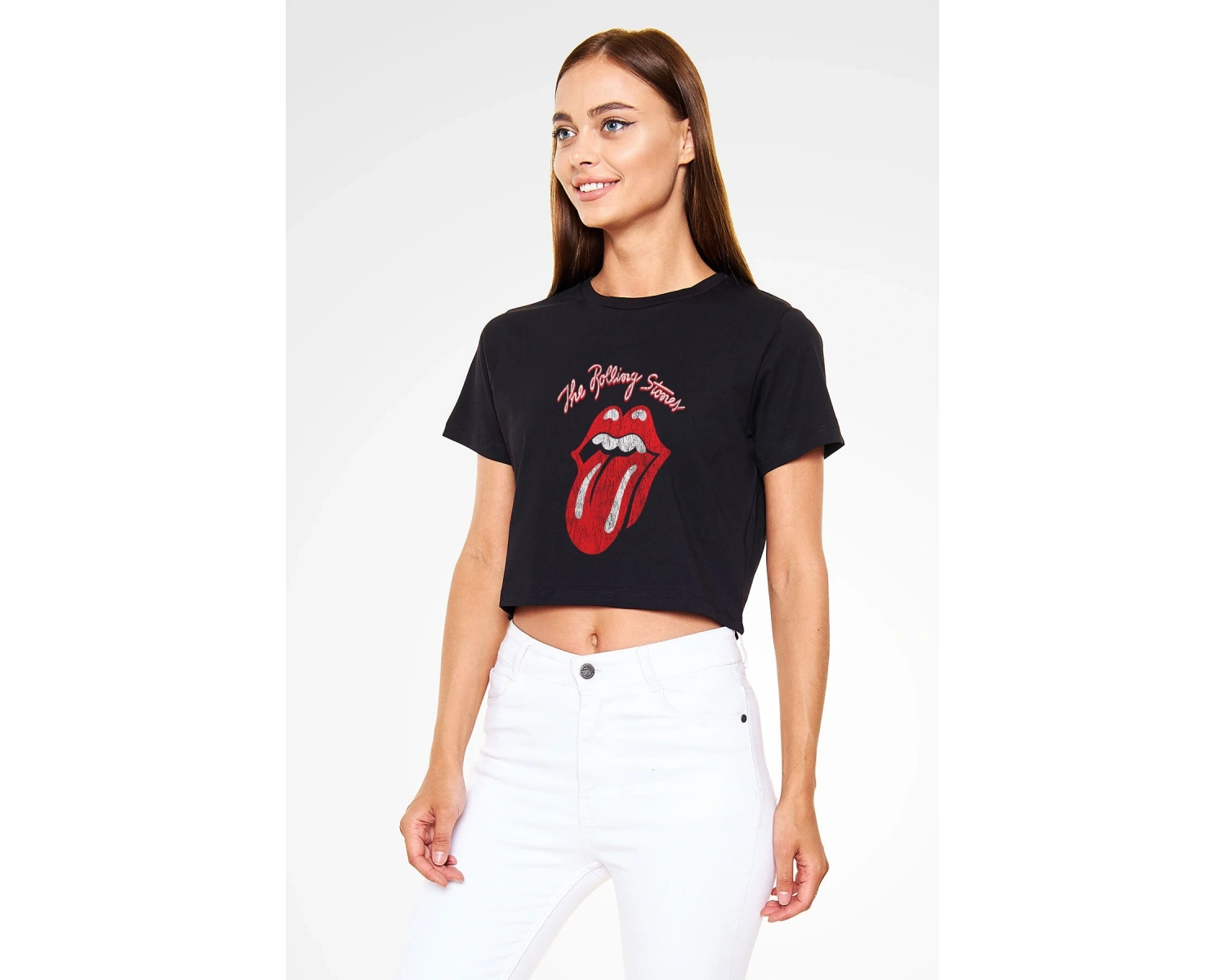 The Rolling Stones Logo Siyah Crop Top Tişört