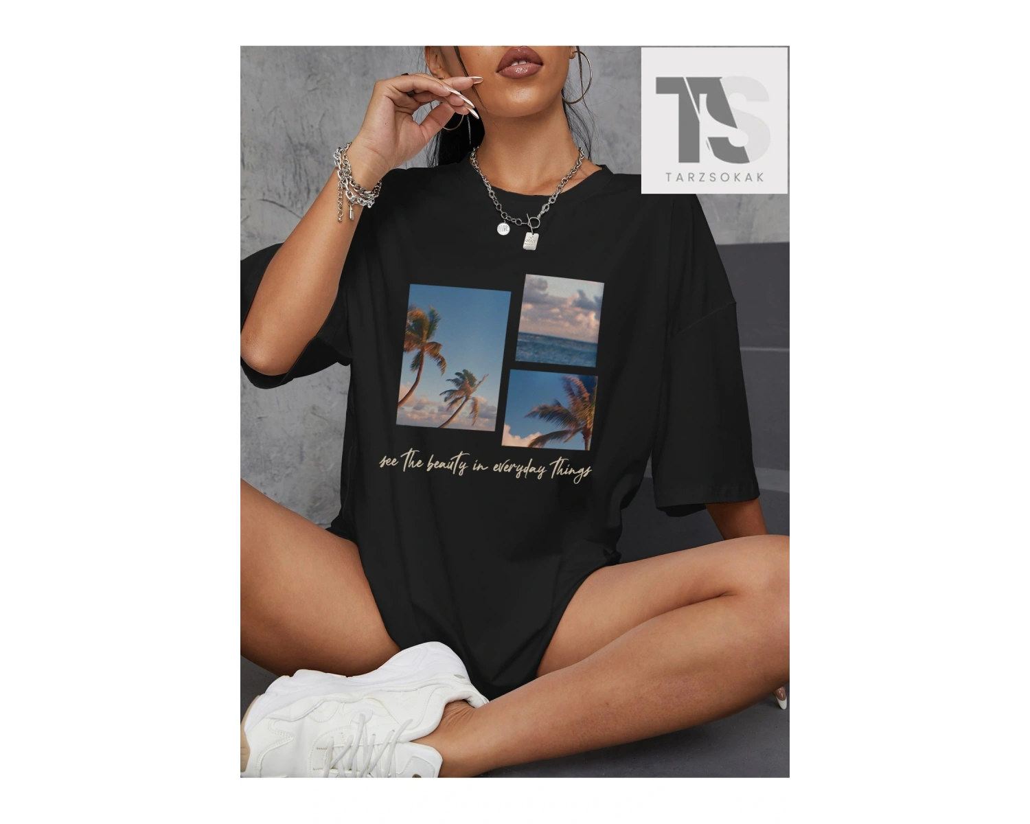 Tropikal Ve Slogan Grafikli Düşük Omuzlu Tişört