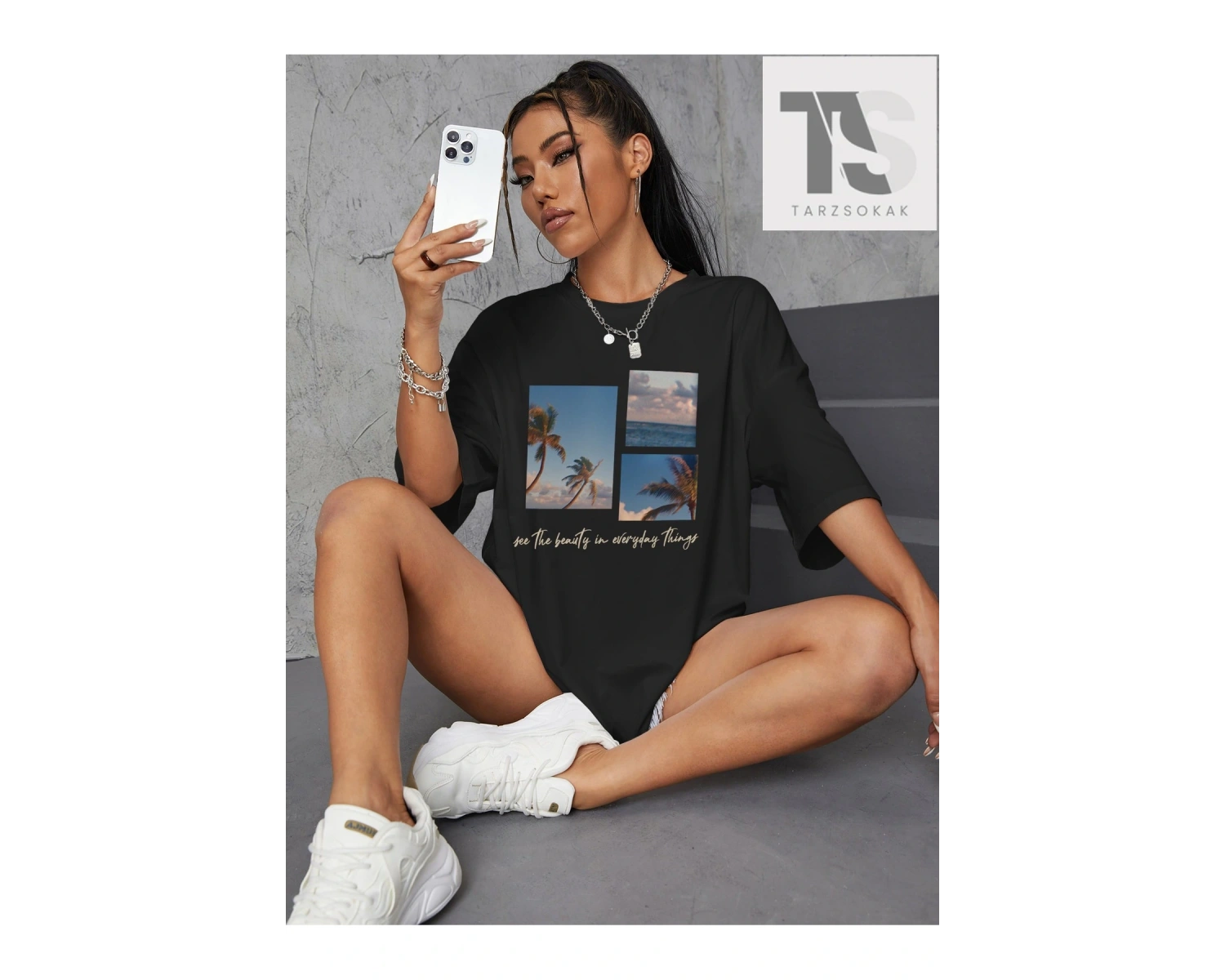 Tropikal Ve Slogan Grafikli Düşük Omuzlu Tişört