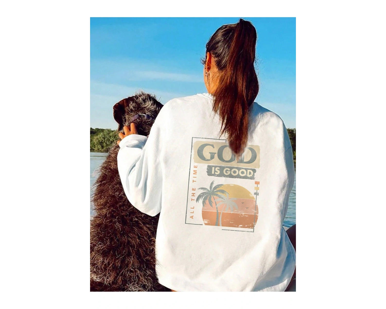 Tropikal ve Slogan Grafikli Düşük Sweat Beyaz