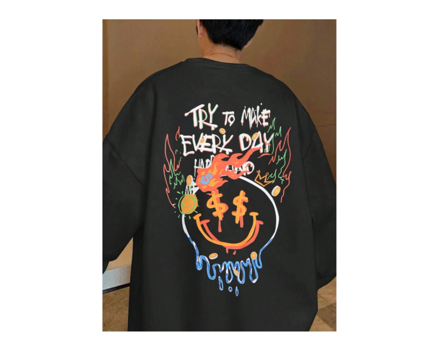 Try To Make Renkli Oversize Bisiklet Yaka Pamuklu Sweatshirt Beyaz