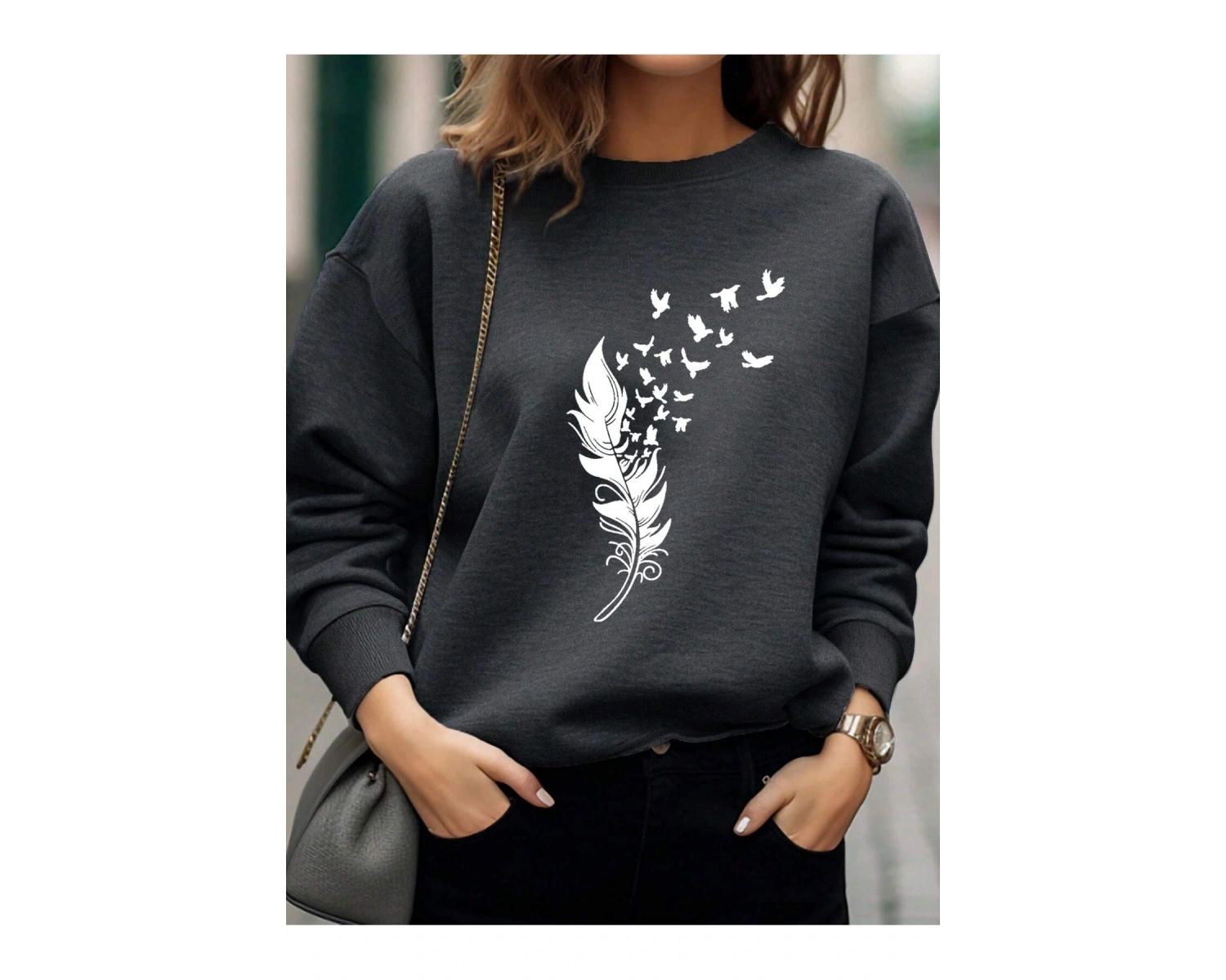 Tüy ve Kuş Desenli Damla Omuz Sweat Gri