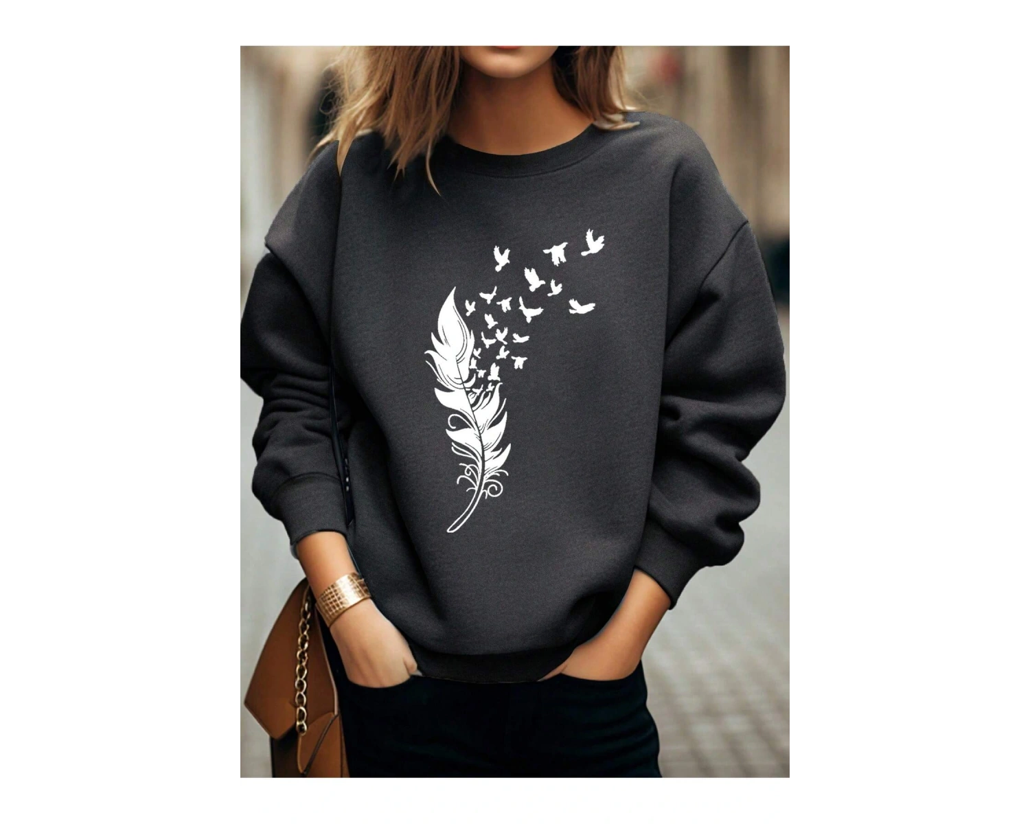 Tüy ve Kuş Desenli Damla Omuz Sweat Gri