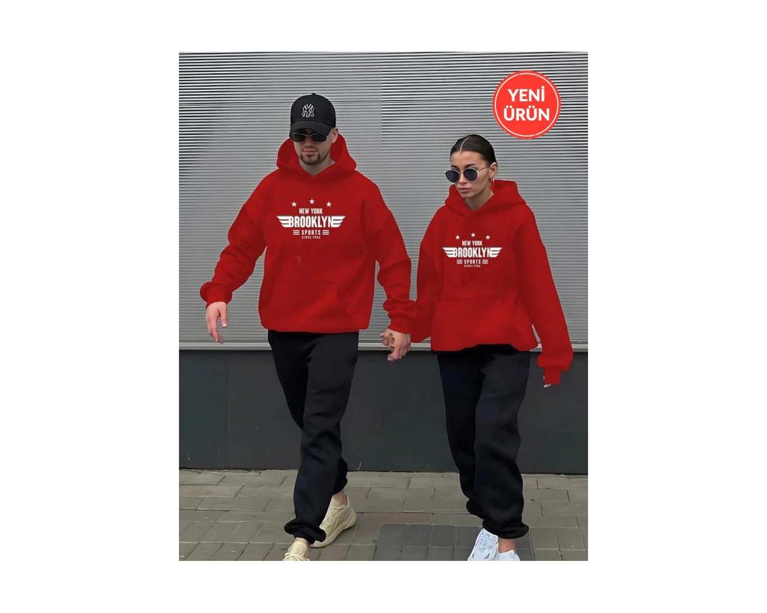 Üç İplik Brooklyn Detaylı Çift Sevgili Kombin Oversize TAKIM