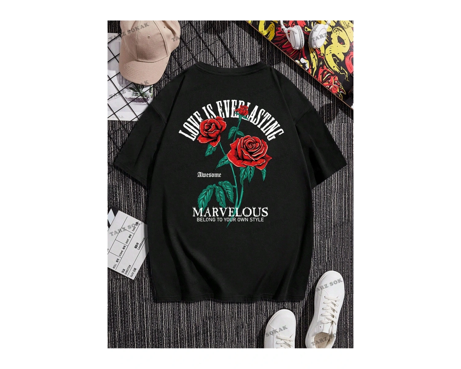 Uni?sex Bay/bayan Love Baskili Gül T-shirt