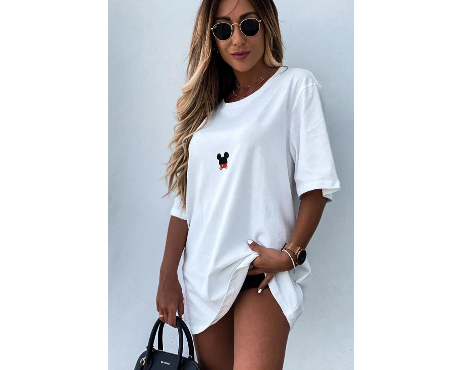 Unique----Kadın Beyaz Sırt Baskılı Mickey Mouse T-shirt