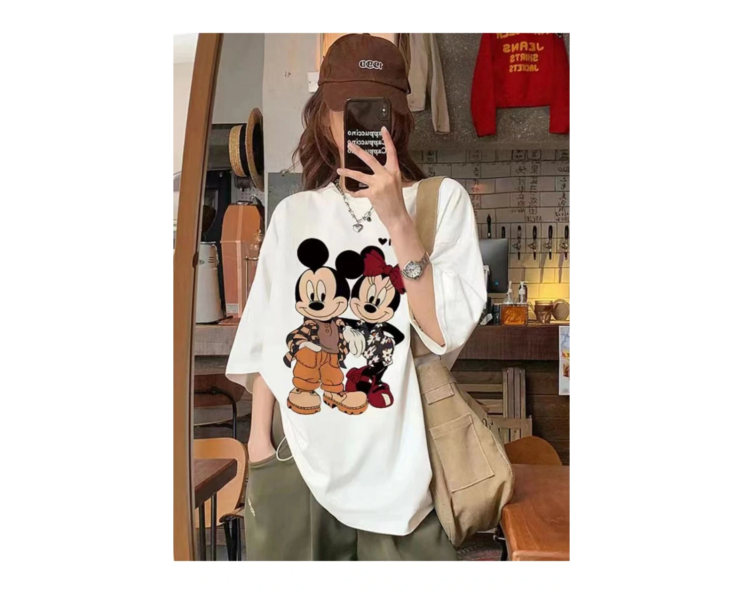 Unique----Unisex Kadın Erkek Mickey Mous Özel Baskılı Oversize Pamuk Penye T-shirt Beyaz