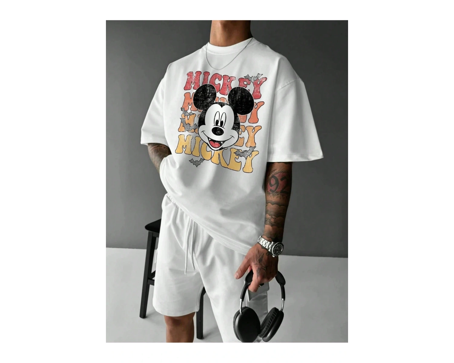 Unique----Unisex Kadın Erkek Mickey Mous Özel Baskılı Oversize Pamuk Penye T-shirt Beyaz