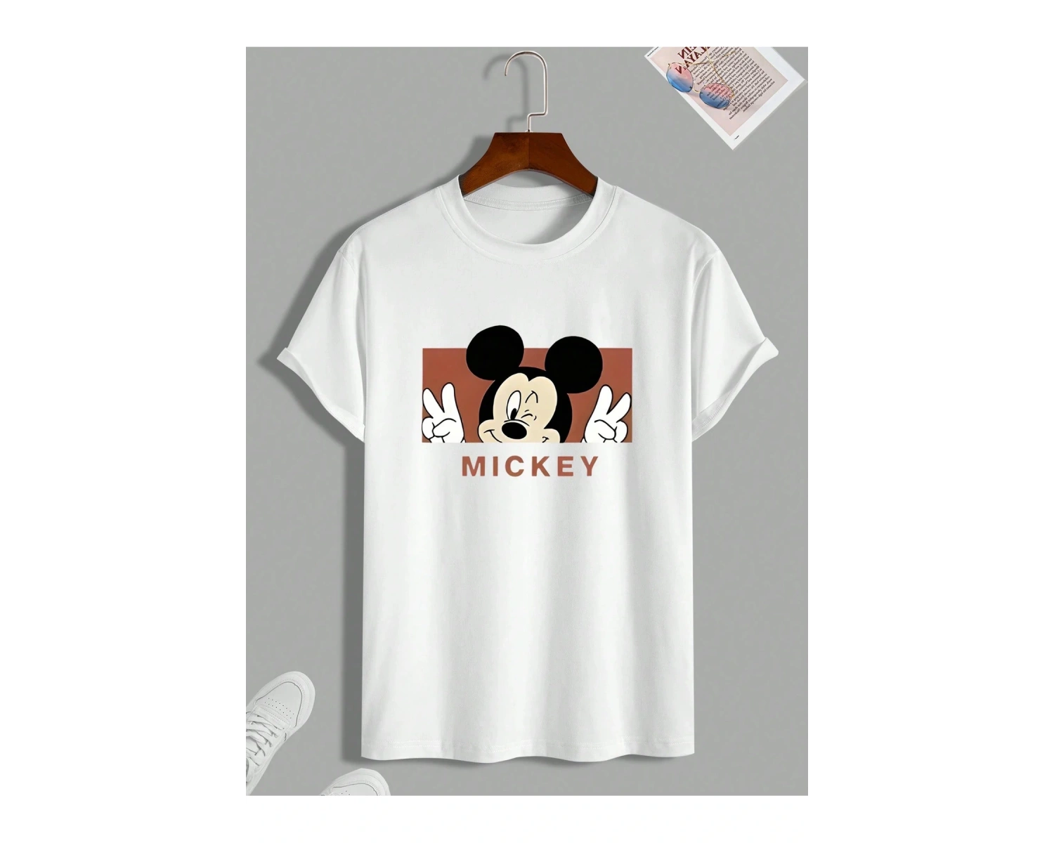 Unique----Unisex Kadın Erkek Mickey Mous Özel Baskılı Oversize Pamuk Penye T-shirt Beyaz