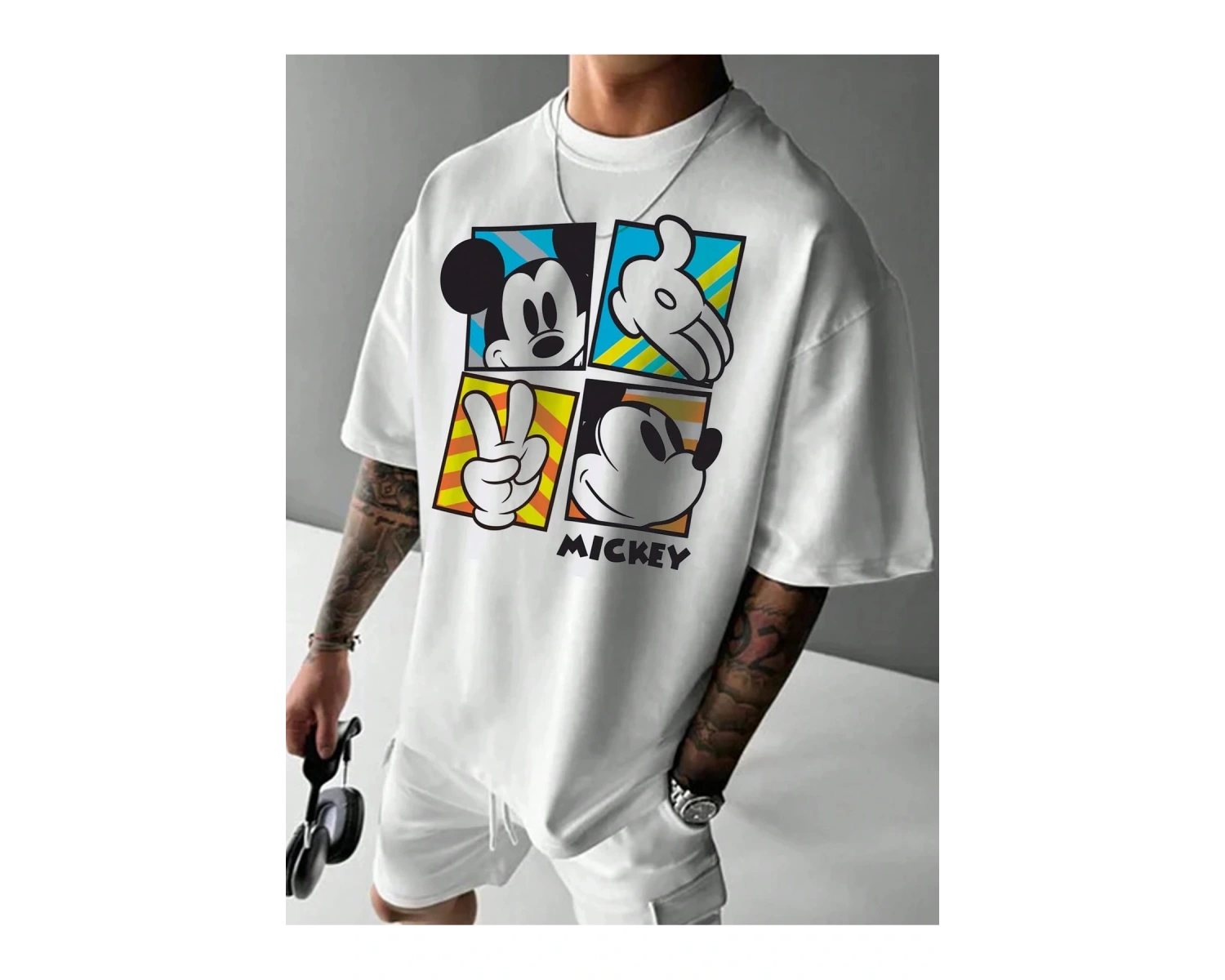 Unique----Unisex Kadın Erkek Mickey Mous Özel Baskılı Oversize Pamuk Penye T-shirt Beyaz