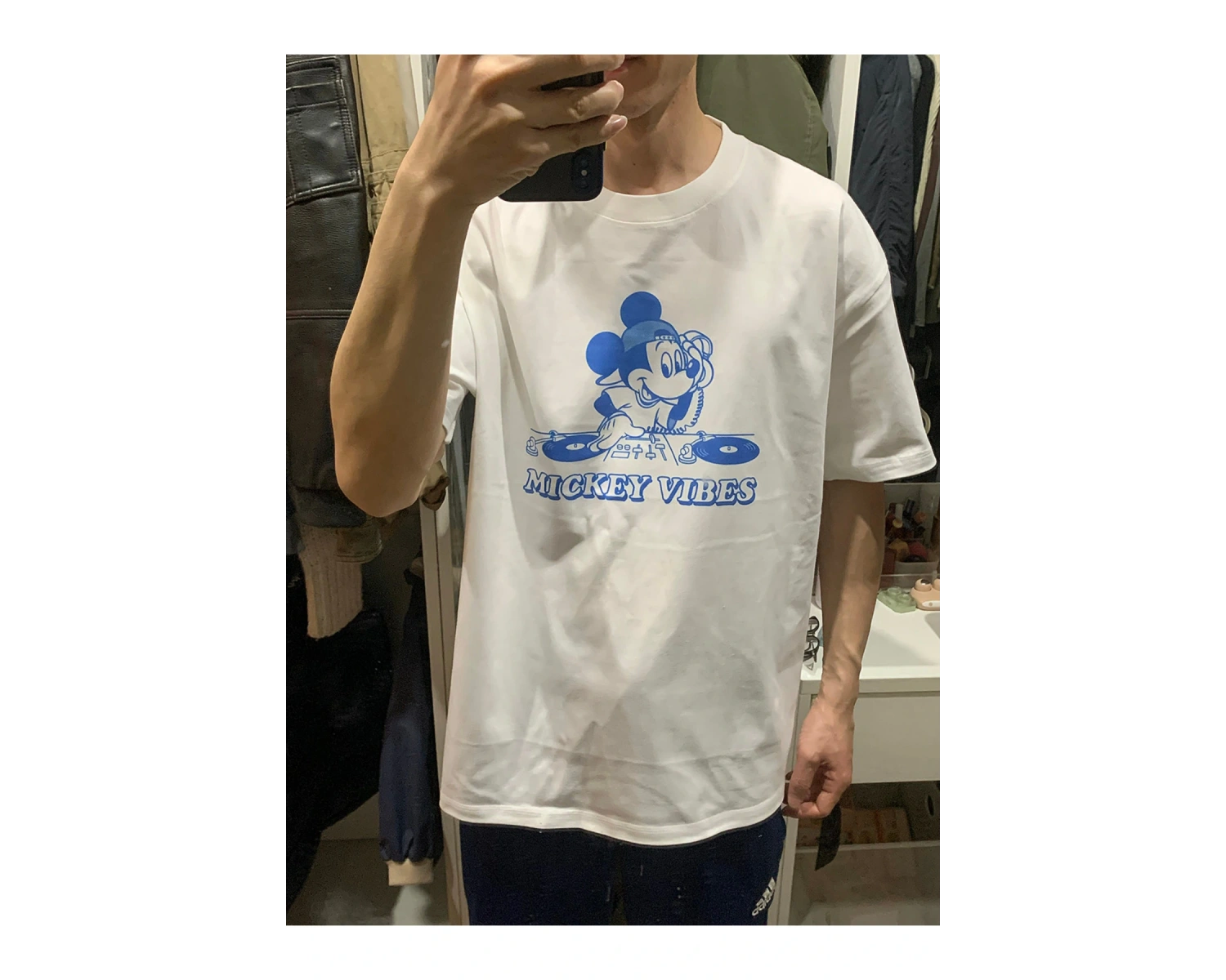 Unique----Unisex Kadın Erkek Mickey Mous Özel Baskılı Oversize Pamuk Penye T-shirt Beyaz