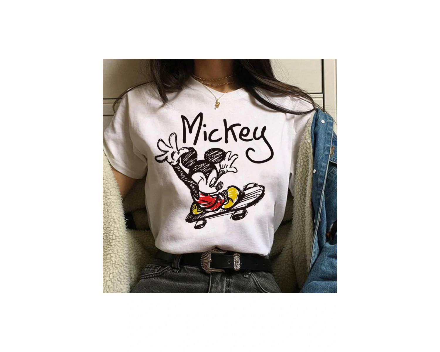 Unique----Unisex Kadın Erkek Mickey Mous Özel Baskılı Oversize Pamuk Penye T-shirt Beyaz