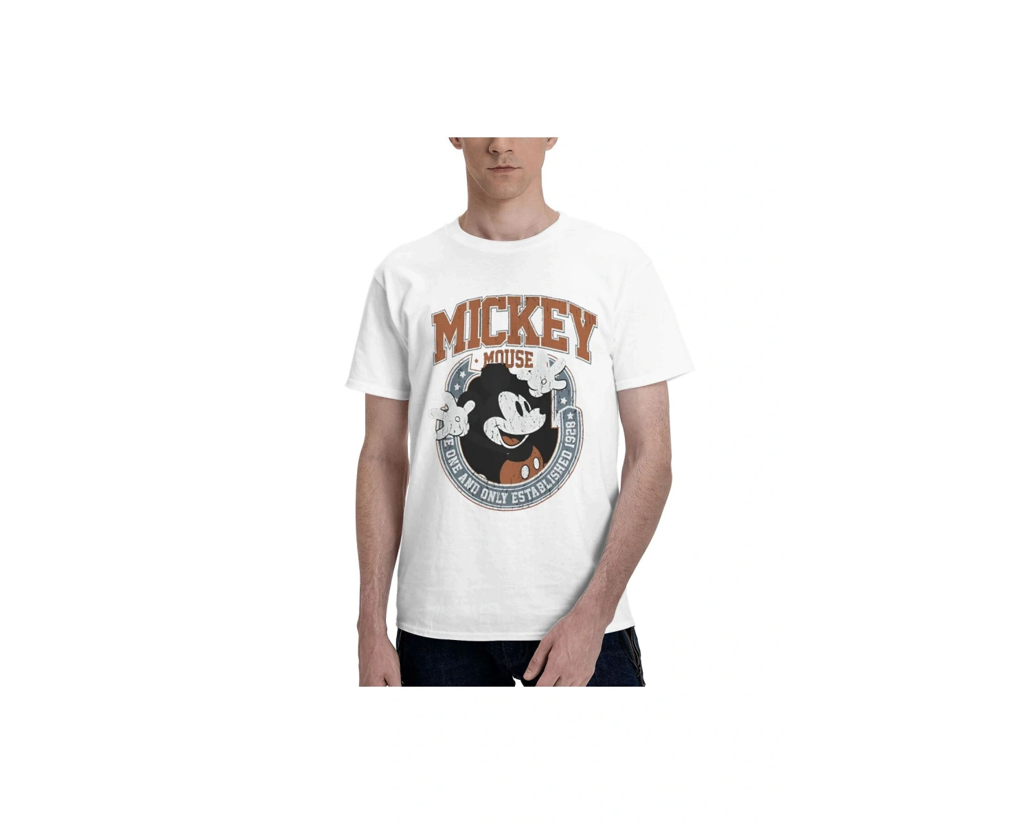 Unique----Unisex Kadın Erkek Mickey Mous Özel Baskılı Oversize Pamuk Penye T-shirt Beyaz