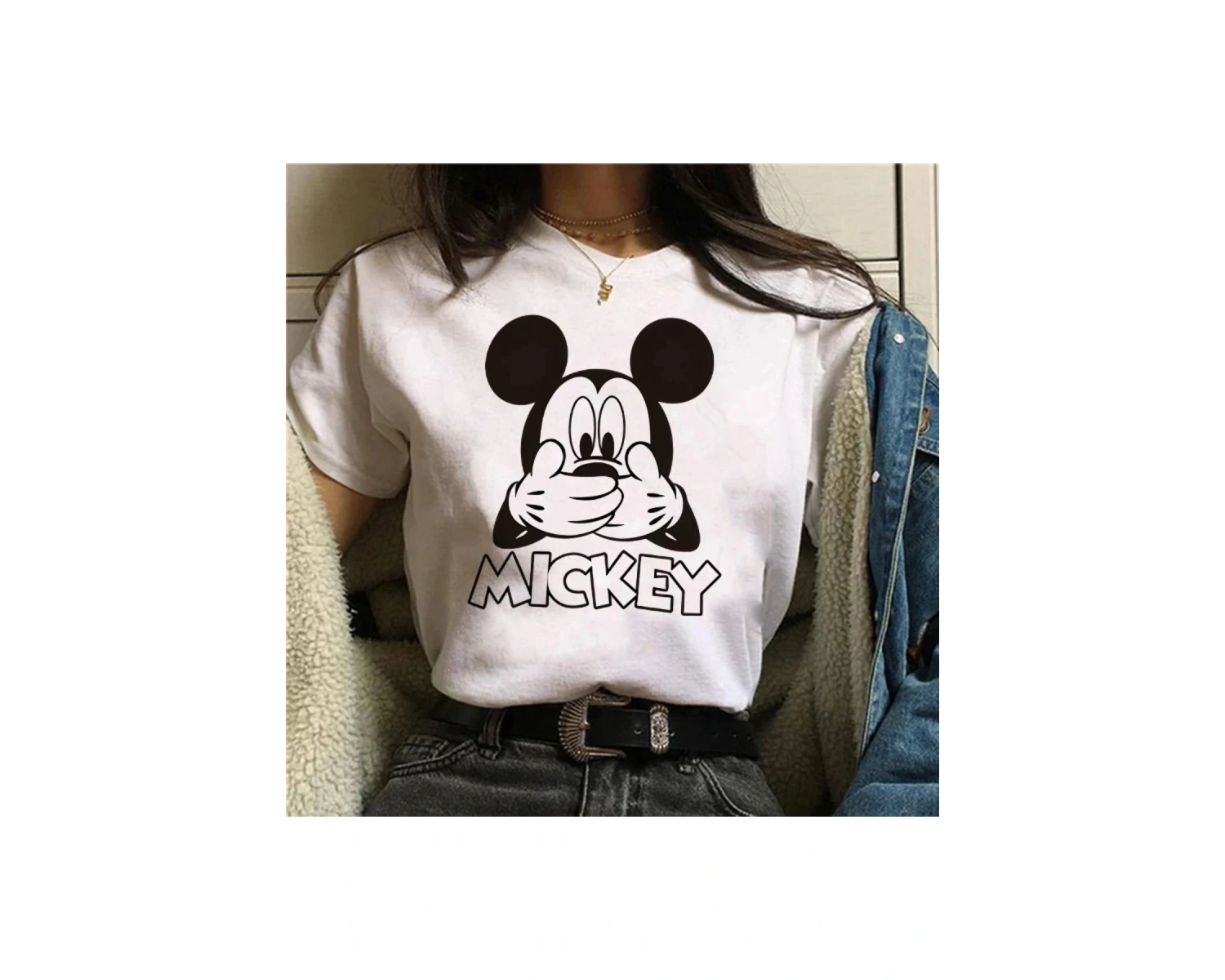 Unique----Unisex Kadın Erkek Mickey Mous Özel Baskılı Oversize Pamuk Penye T-shirt Beyaz