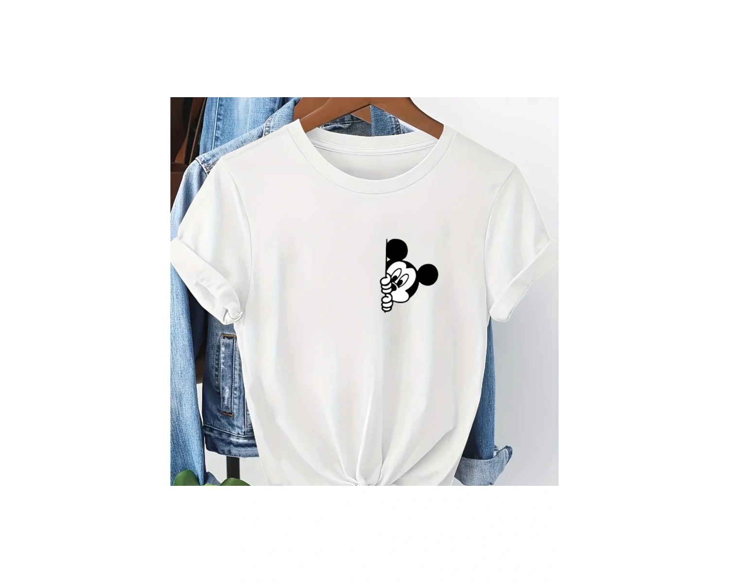 Unique----Unisex Kadın Erkek Mickey Mous Özel Baskılı Oversize Pamuk Penye T-shirt Beyaz
