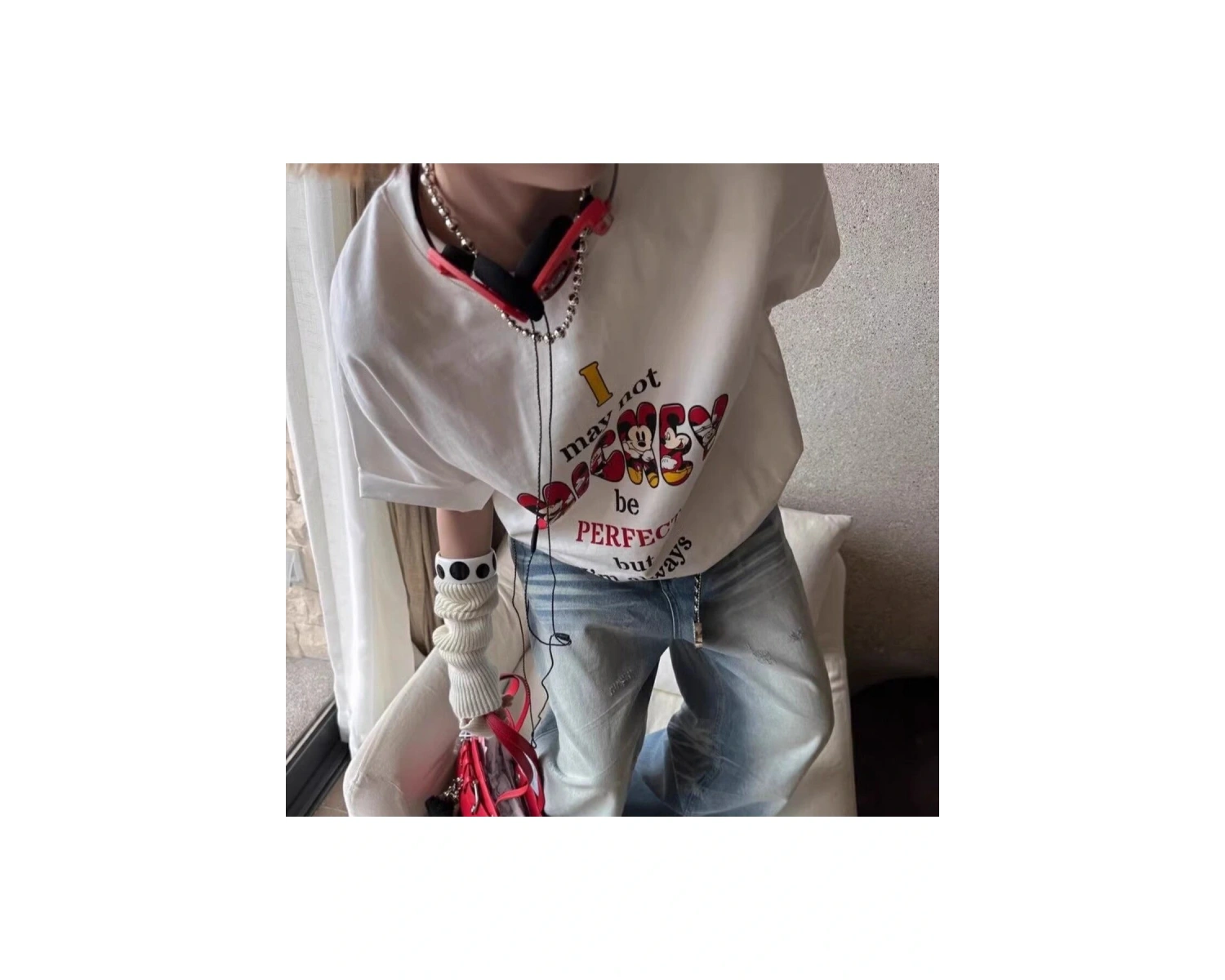 Unique----Unisex Kadın Erkek Mickey Mous Özel Baskılı Oversize Pamuk Penye T-shirt Beyaz