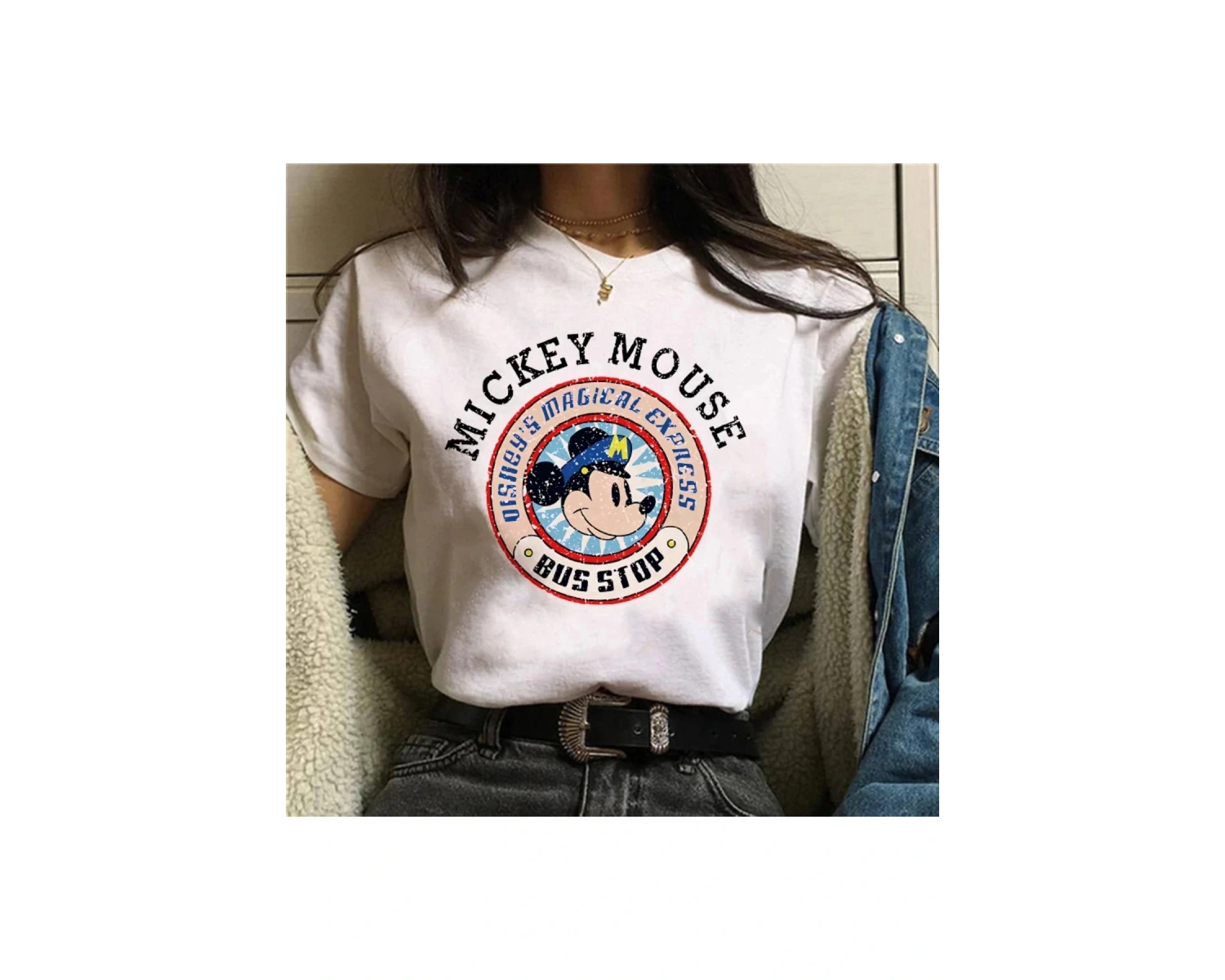 Unique----Unisex Kadın Erkek Mickey Mous Özel Baskılı Oversize Pamuk Penye T-shirt Beyaz
