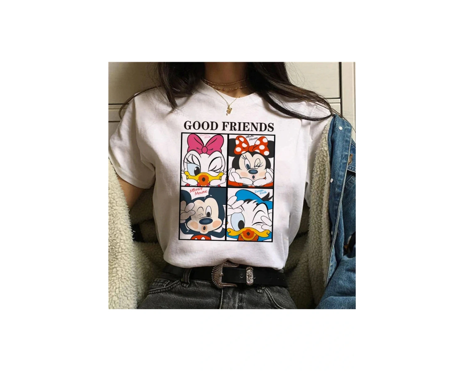 Unique----Unisex Kadın Erkek Mickey Mous Özel Baskılı Oversize Pamuk Penye T-shirt Beyaz