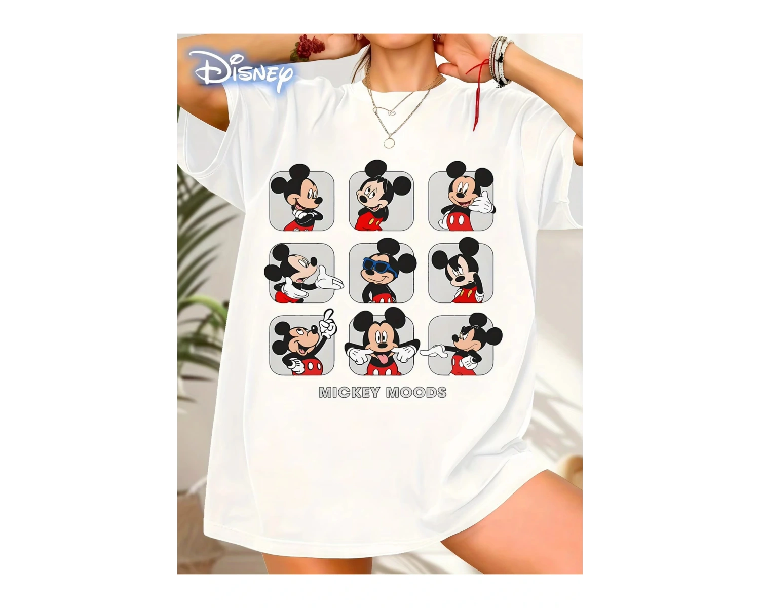 Unique----Unisex Kadın Erkek Mickey Mous Özel Baskılı Oversize Pamuk Penye T-shirt Beyaz