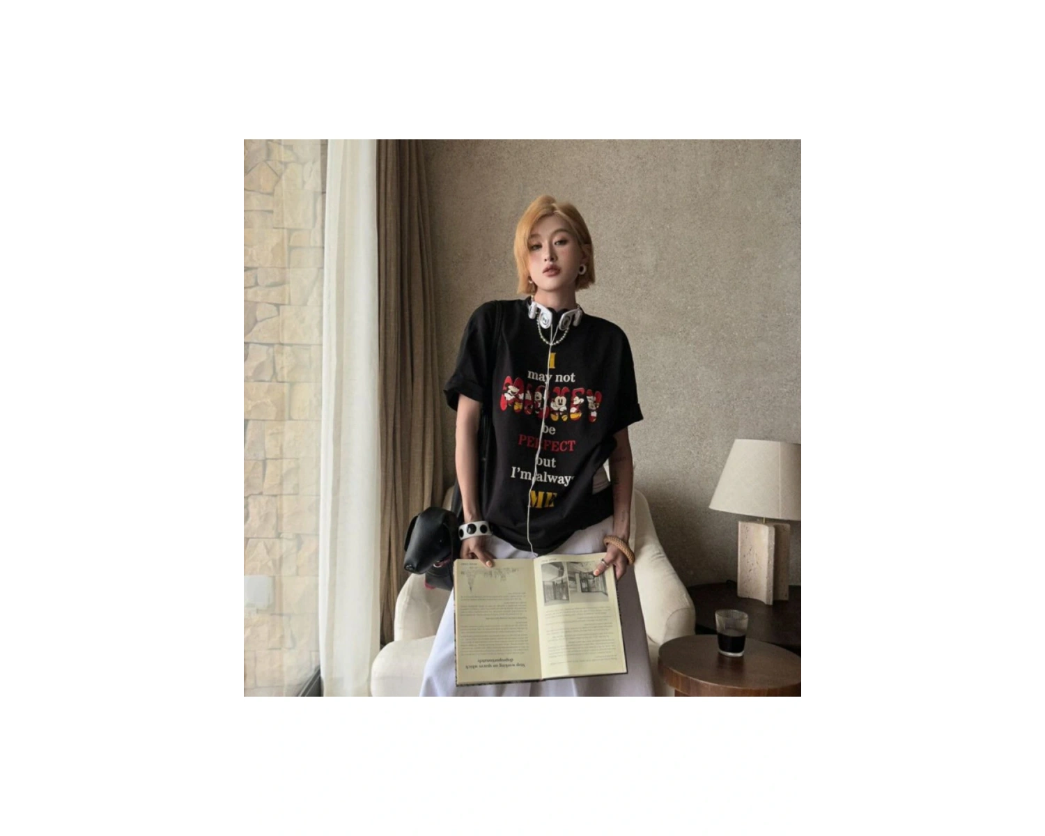 Unique----Unisex Kadın Erkek Mickey Mous Özel Baskılı Oversize Pamuk Penye T-shirt Siyah