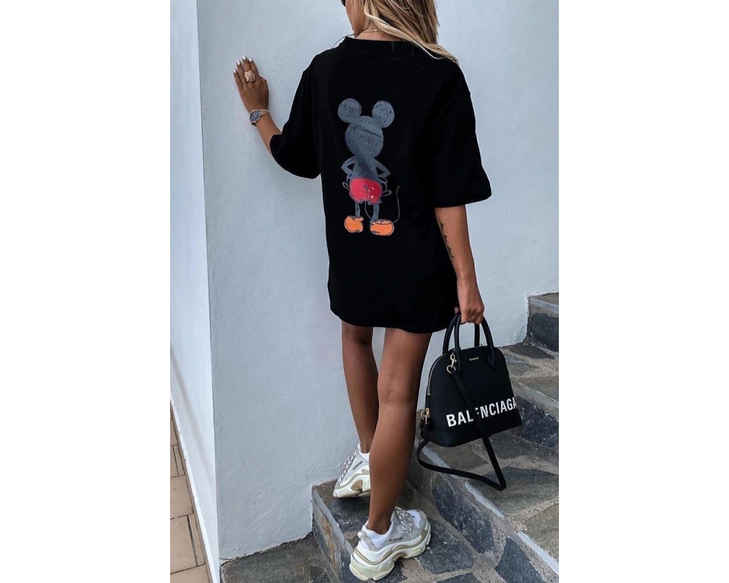 Unique----Unisex Kadın Erkek Mickey Mous Özel Baskılı Oversize Pamuk Penye T-shirt Siyah