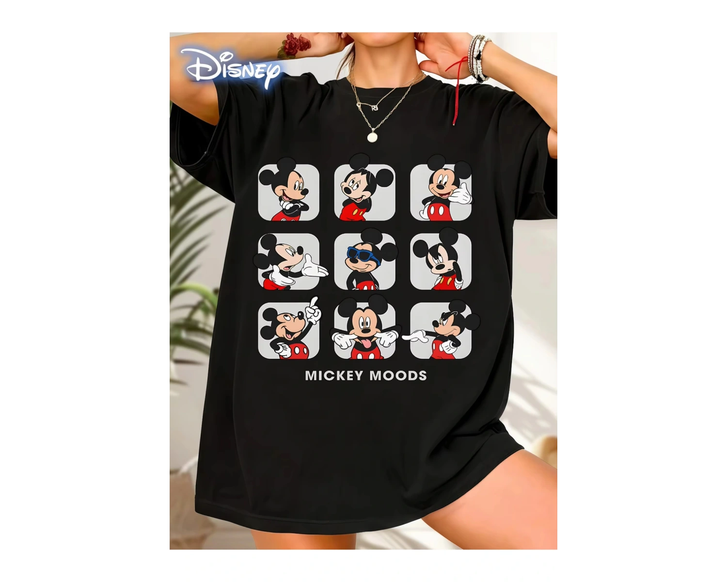 Unique----Unisex Kadın Erkek Mickey Mous Özel Baskılı Oversize Pamuk Penye T-shirt Siyah
