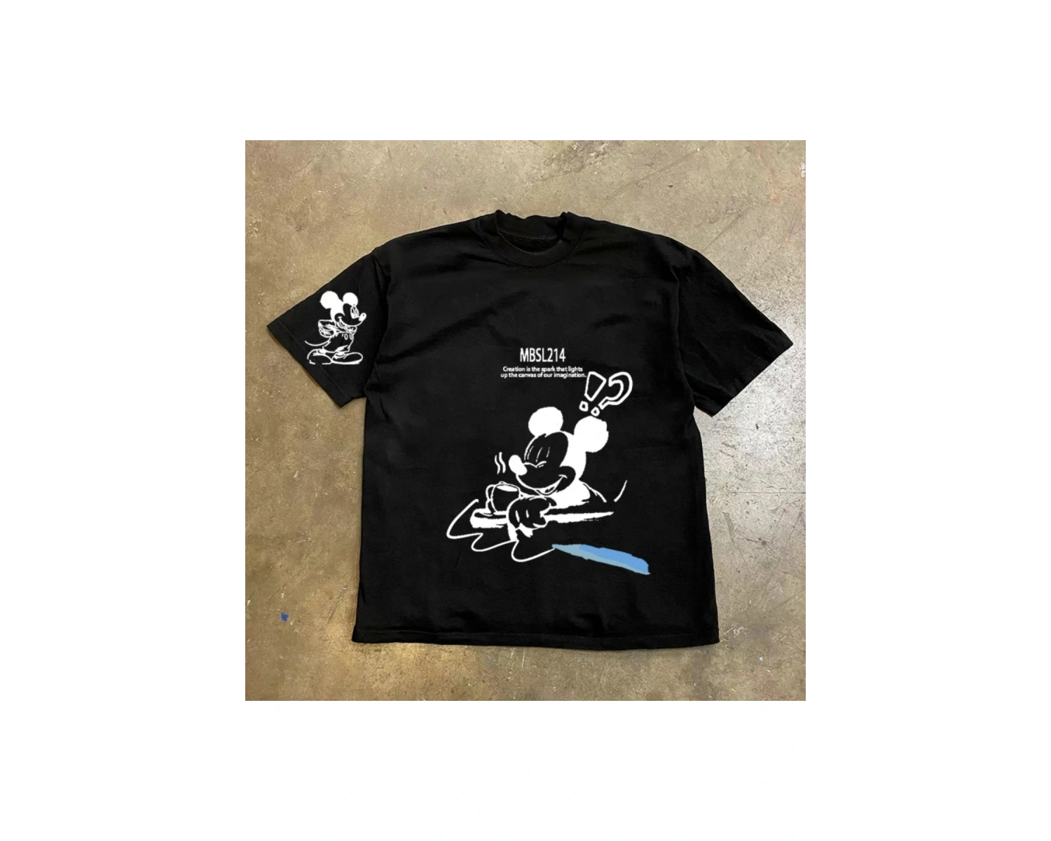 Unique----Unisex Kadın Erkek Mickey Mous Özel Baskılı Oversize Pamuk Penye T-shirt Siyah