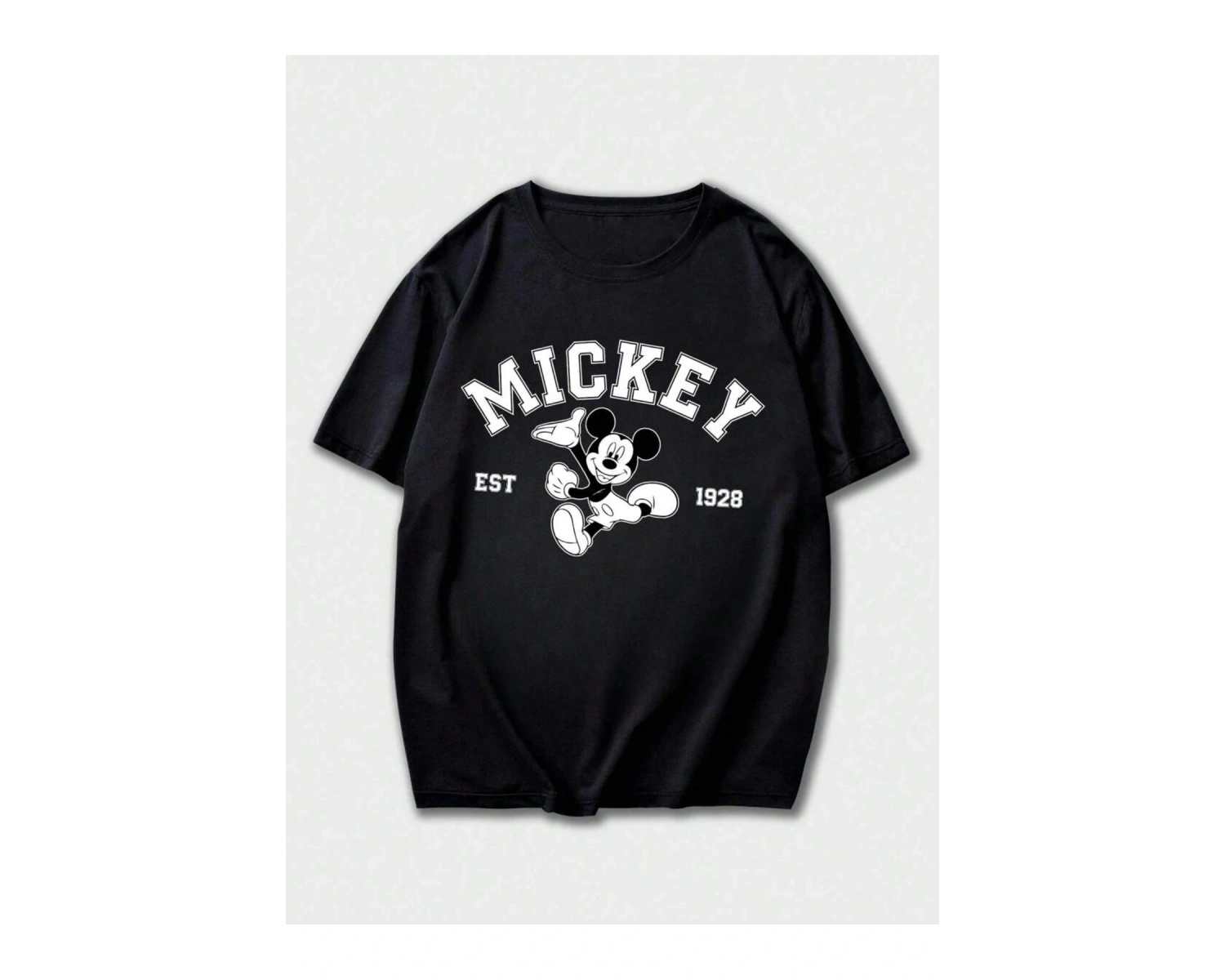 Unique----Unisex Kadın Erkek Mickey Mous Özel Baskılı Oversize Pamuk Penye T-shirt Siyah