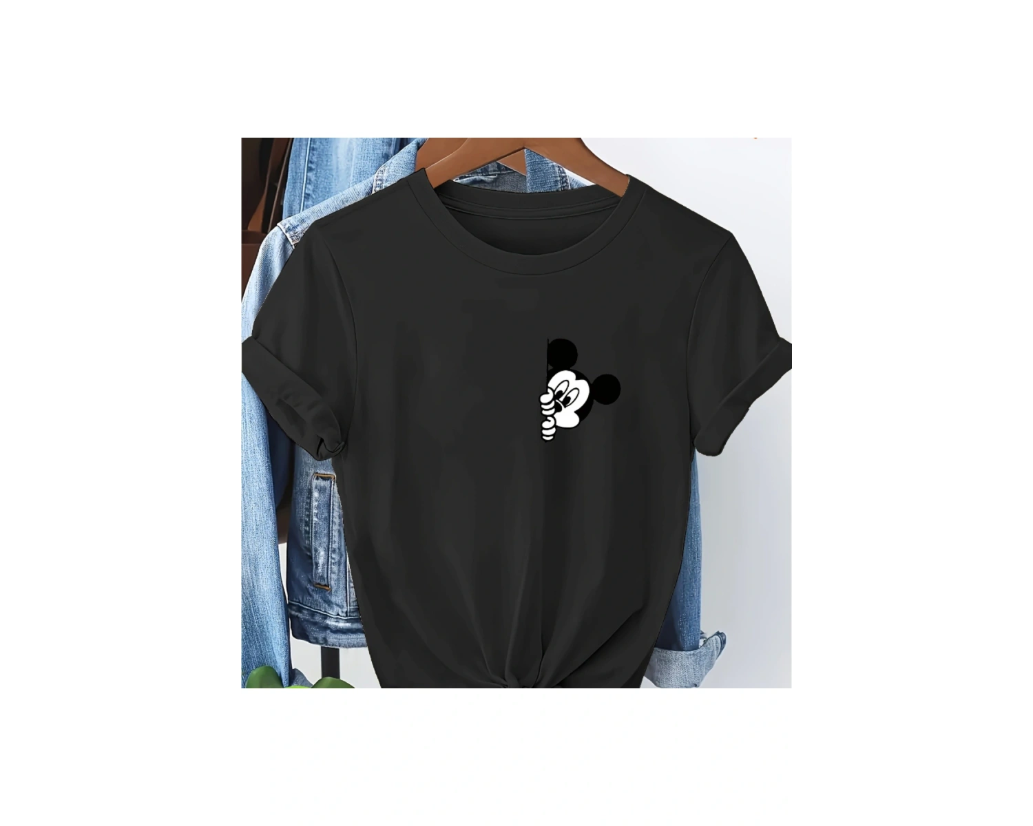 Unique----Unisex Kadın Erkek Mickey Mous Özel Baskılı Oversize Pamuk Penye T-shirt Siyah