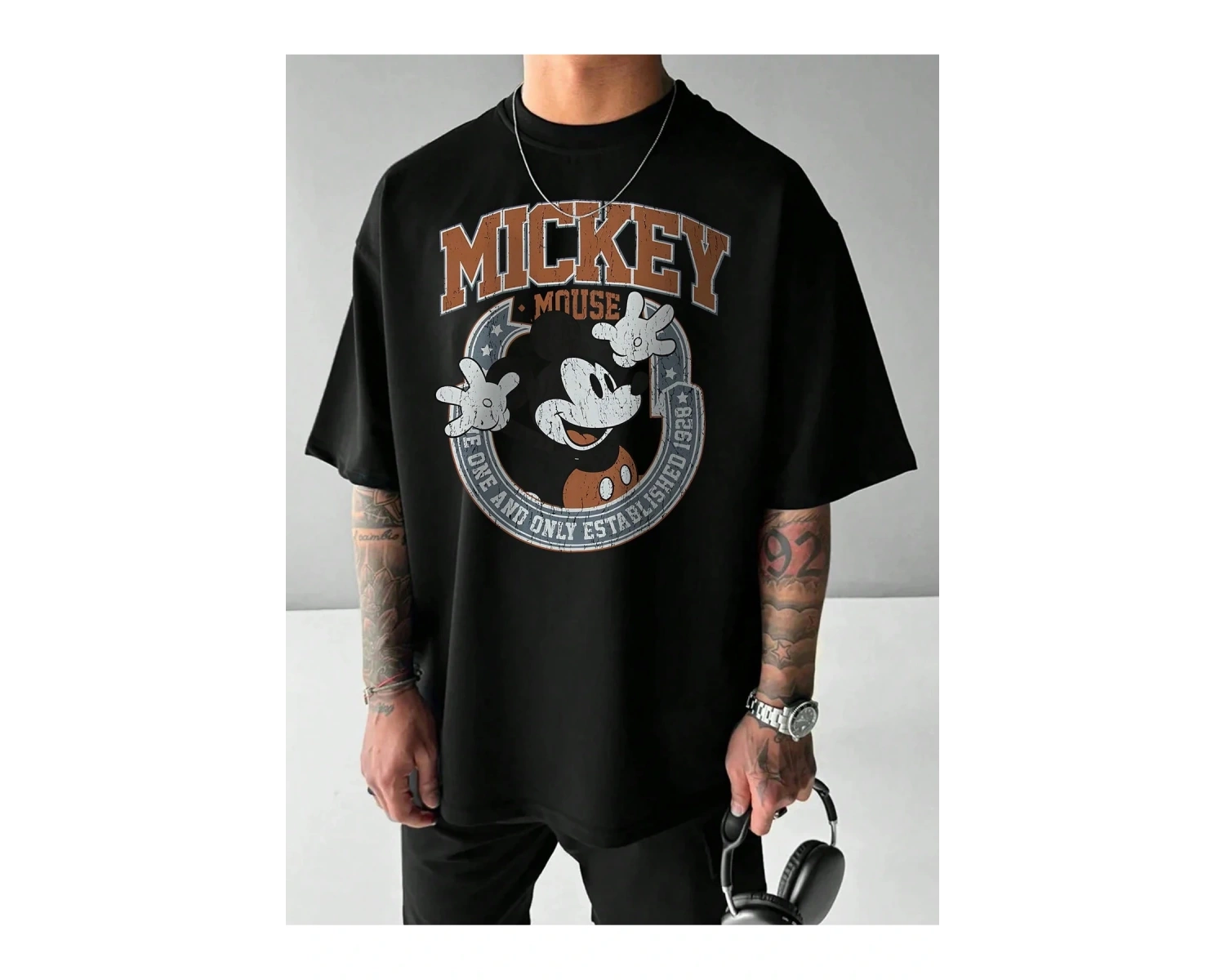 Unique----Unisex Kadın Erkek Mickey Mous Özel Baskılı Oversize Pamuk Penye T-shirt Siyah