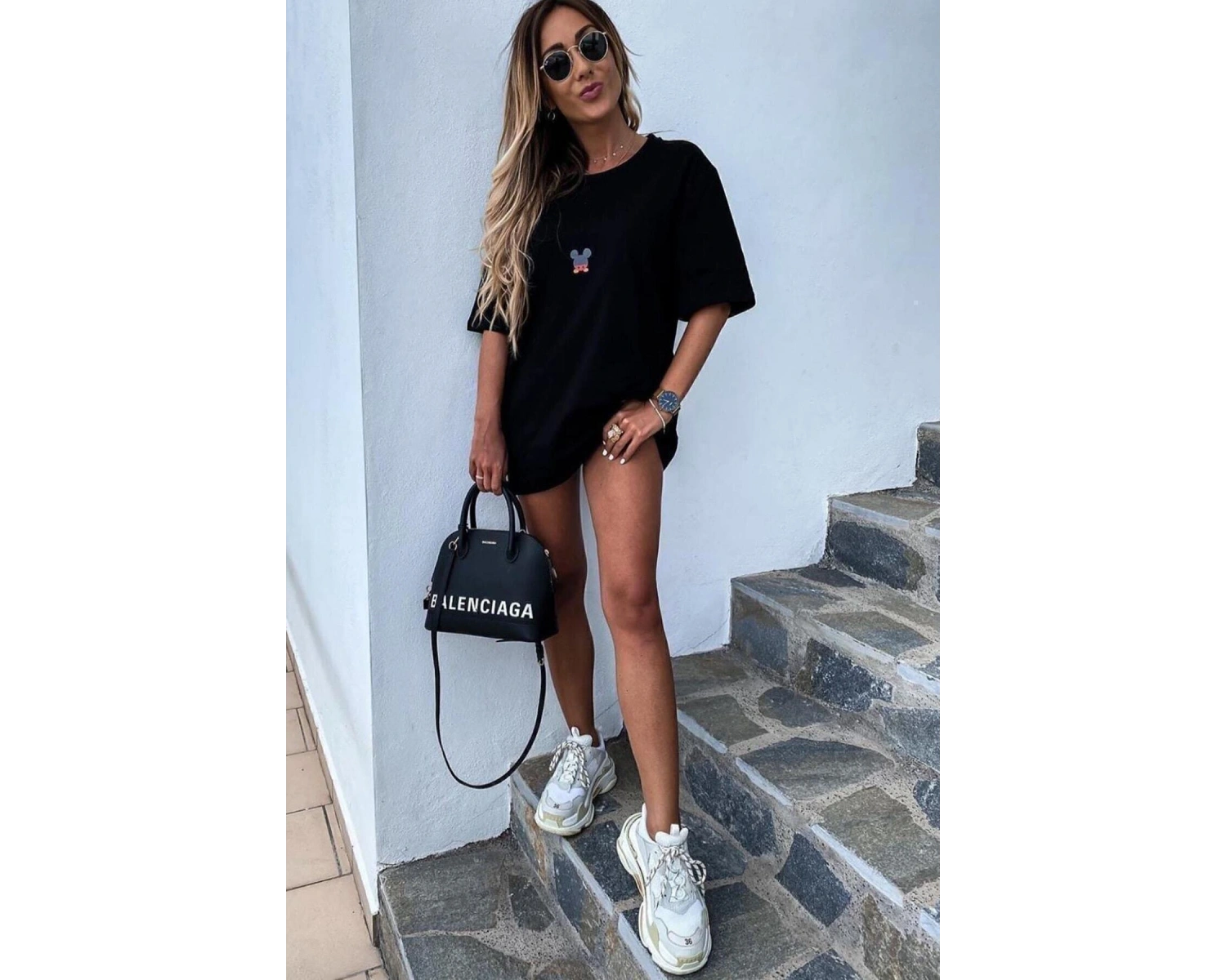 Unique----Unisex Kadın Erkek Mickey Mous Özel Baskılı Oversize Pamuk Penye T-shirt Siyah