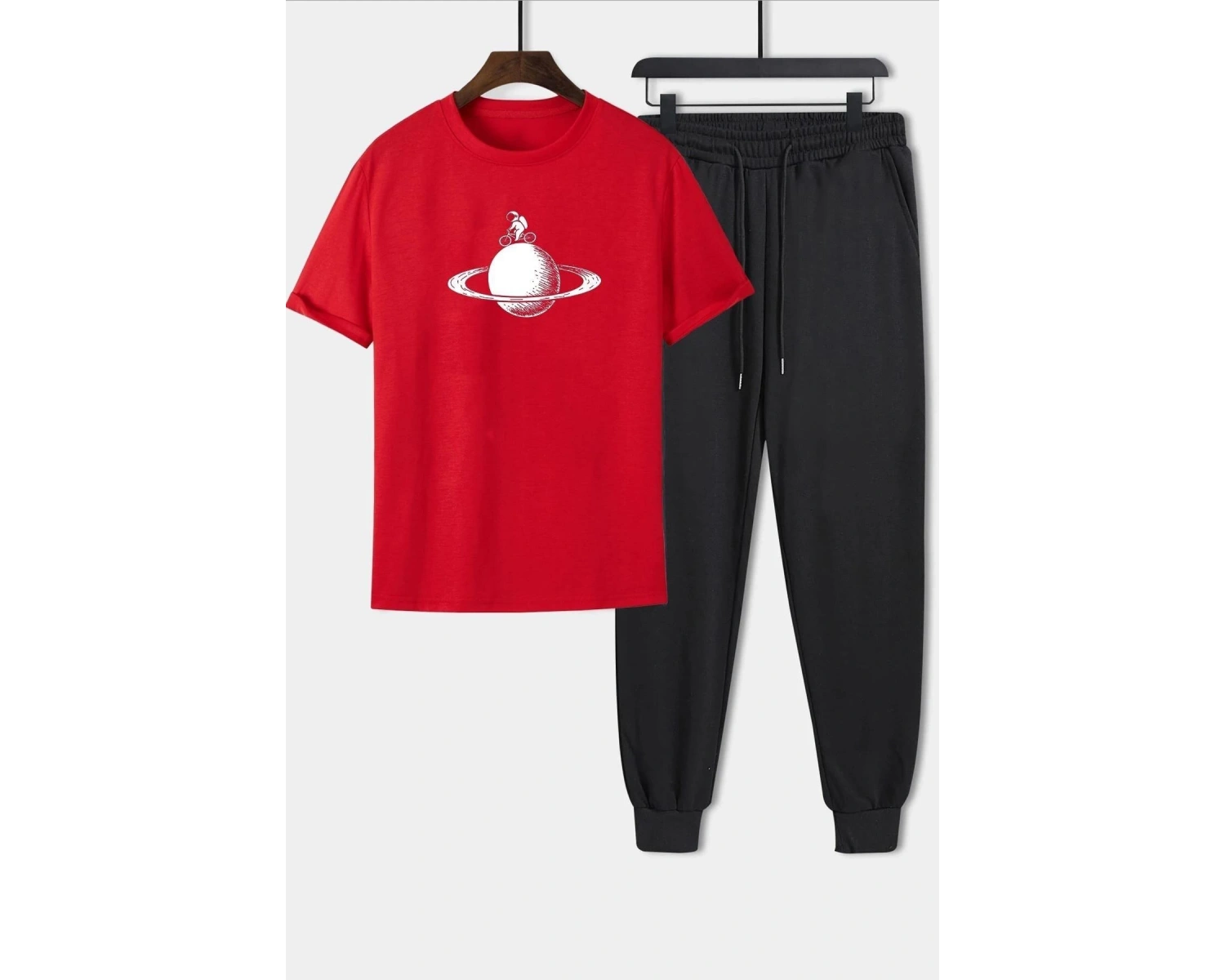 Unisex Astronaut Rides Baskılı 2li Eşofman Takımı TSH-SIYAH-ASTBISIKLET-ESH-DÜZ