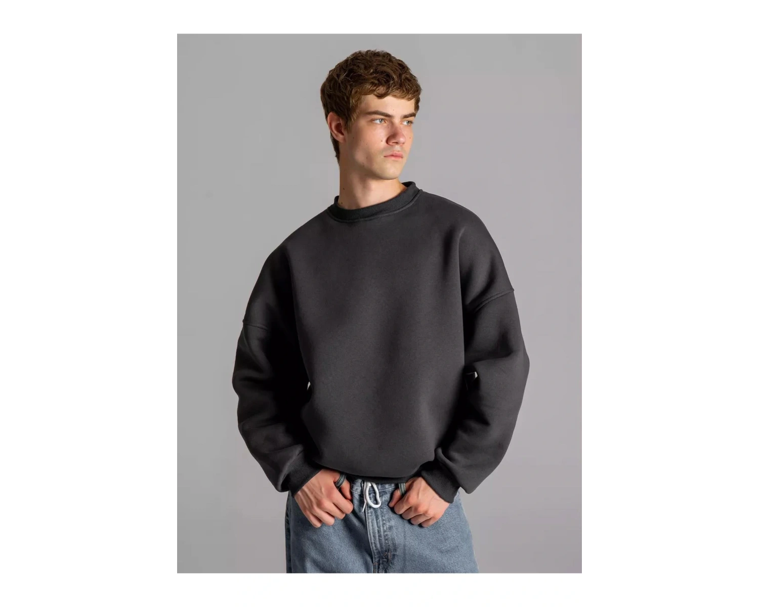 Unisex Basic Bisiklet Yaka Sweatshirt Gri