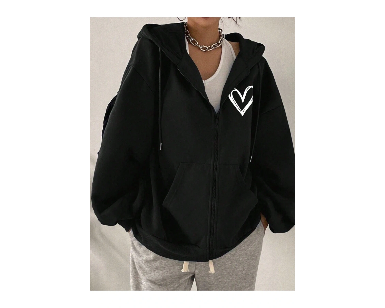 Ünisex Basic Slim Fit Kapüşonlu Fermuarlı Cepli Sweatshirt Nar Çiçeği Siyah