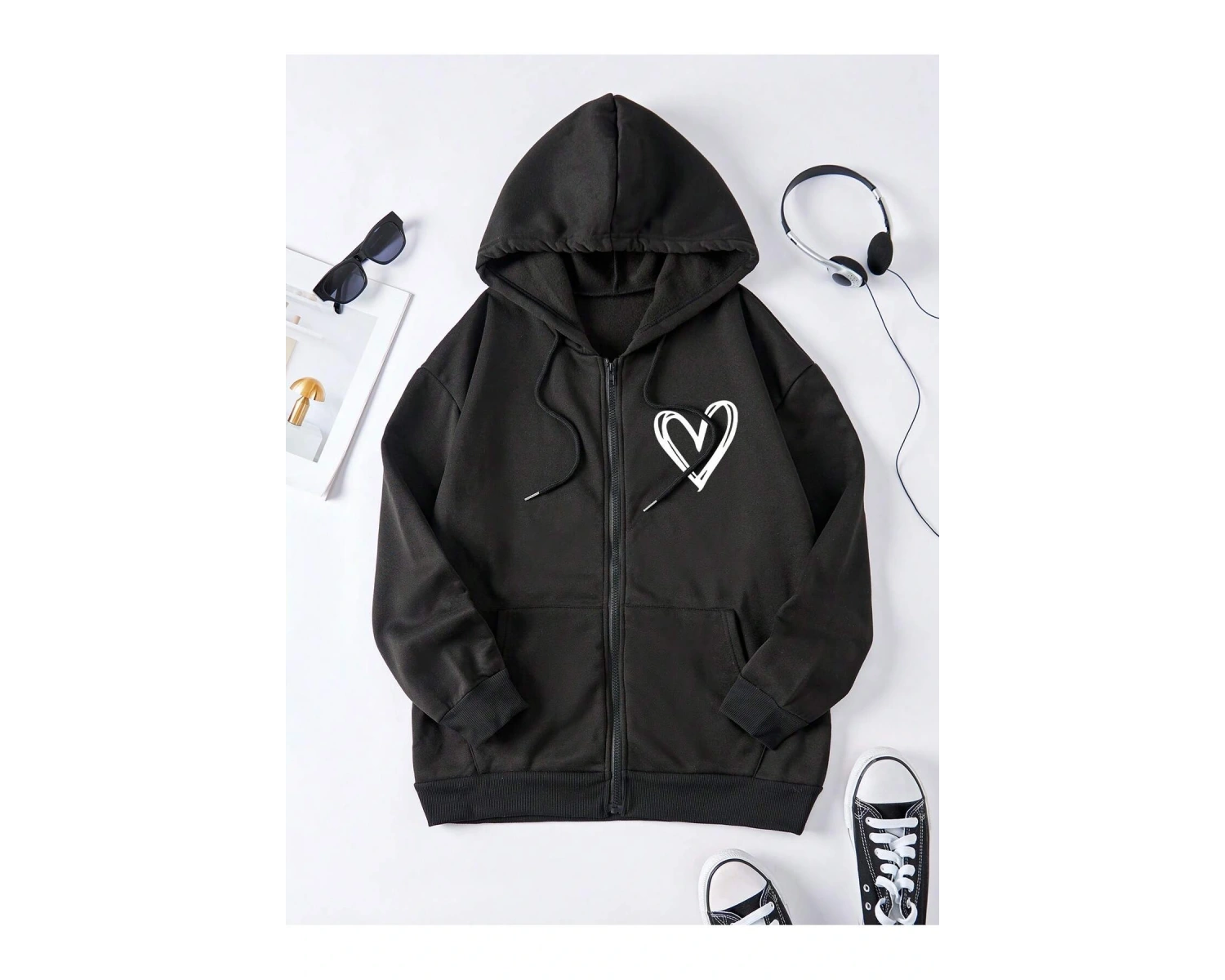 Ünisex Basic Slim Fit Kapüşonlu Fermuarlı Cepli Sweatshirt Nar Çiçeği Siyah