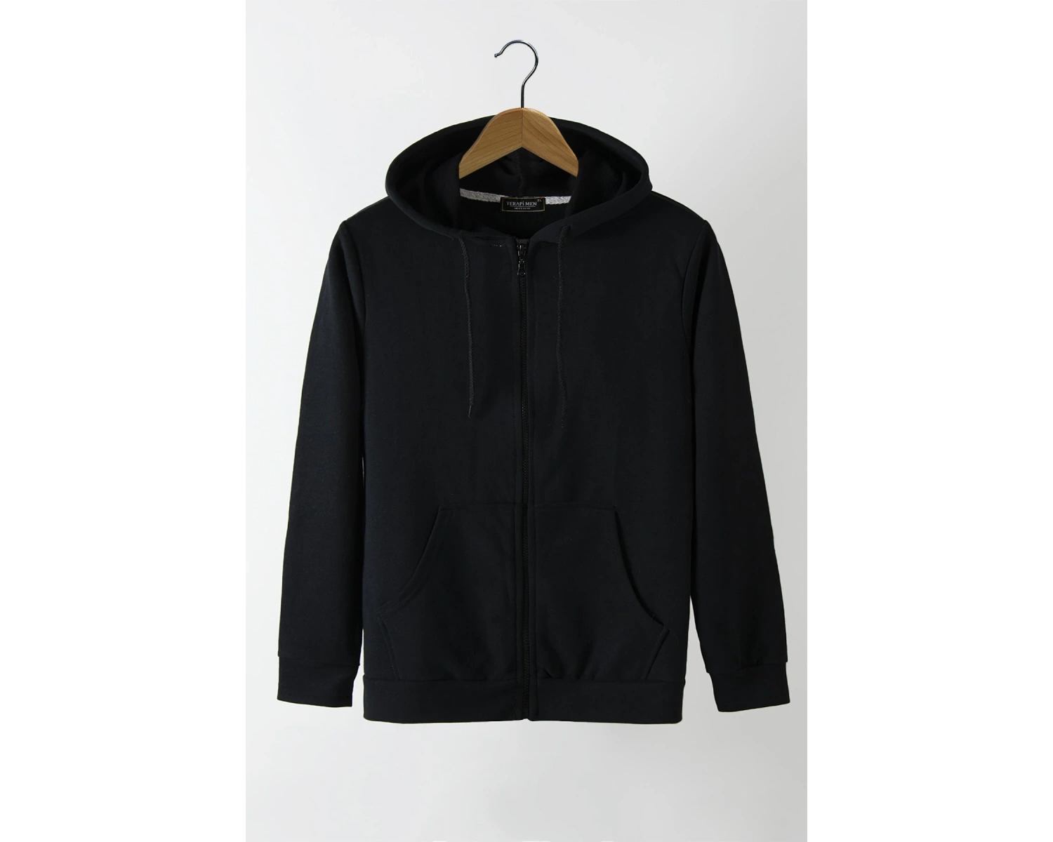 Ünisex Basic Slim Fit Kapüşonlu Fermuarlı Cepli Sweatshirt Siyah