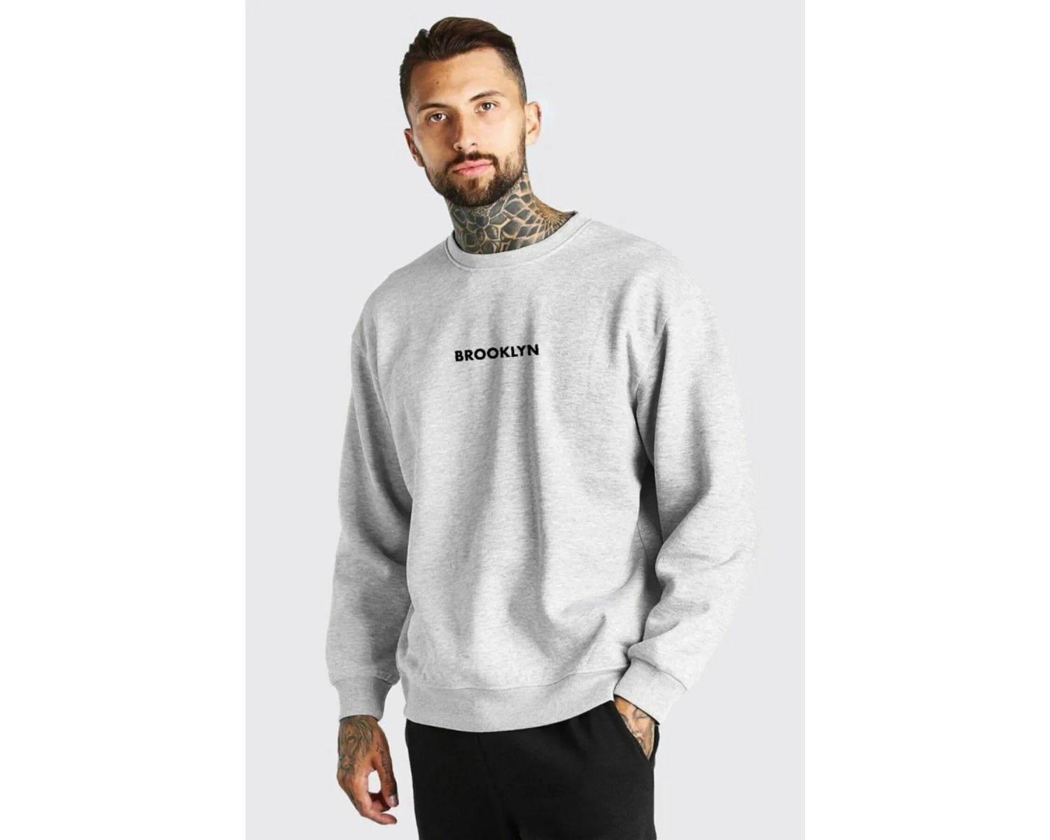 Unisex Baskılı Oversize Kapşonlu Sweatshirt Gri