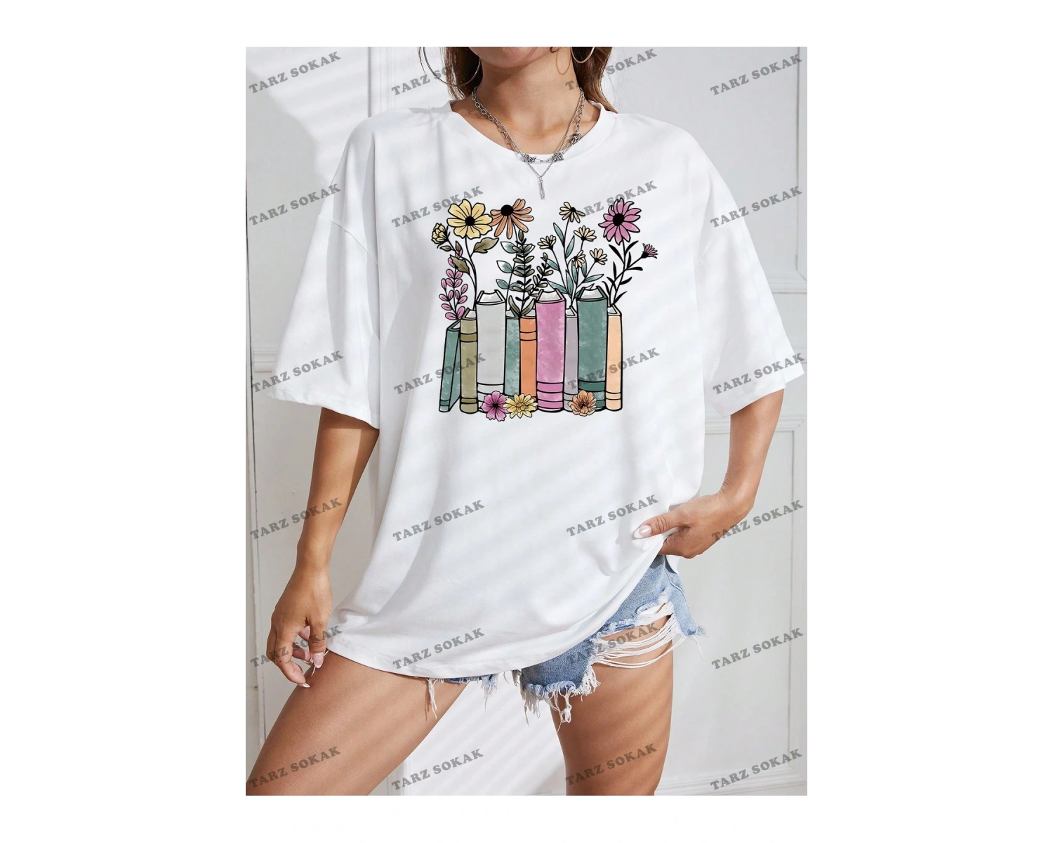 Unisex BAY  Çiçek Desenli Düşük Omuz Tişört KOD-1315