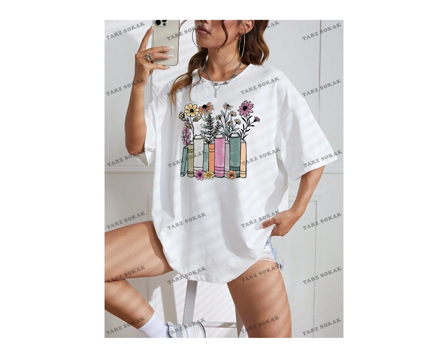 Unisex BAY  Çiçek Desenli Düşük Omuz Tişört KOD-1315